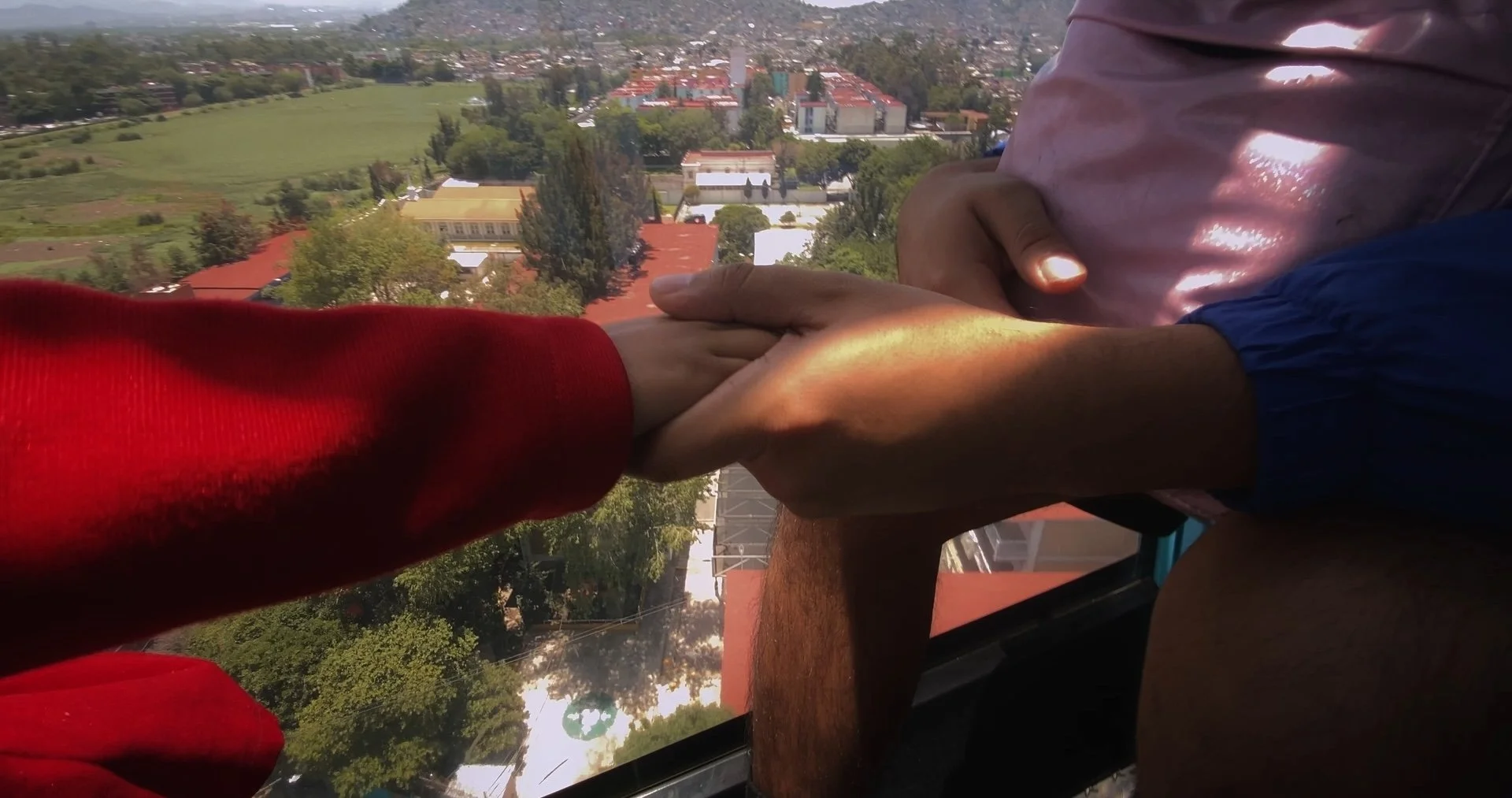 Two individuals holding hands with a scenic cityscape and green fields in the background.