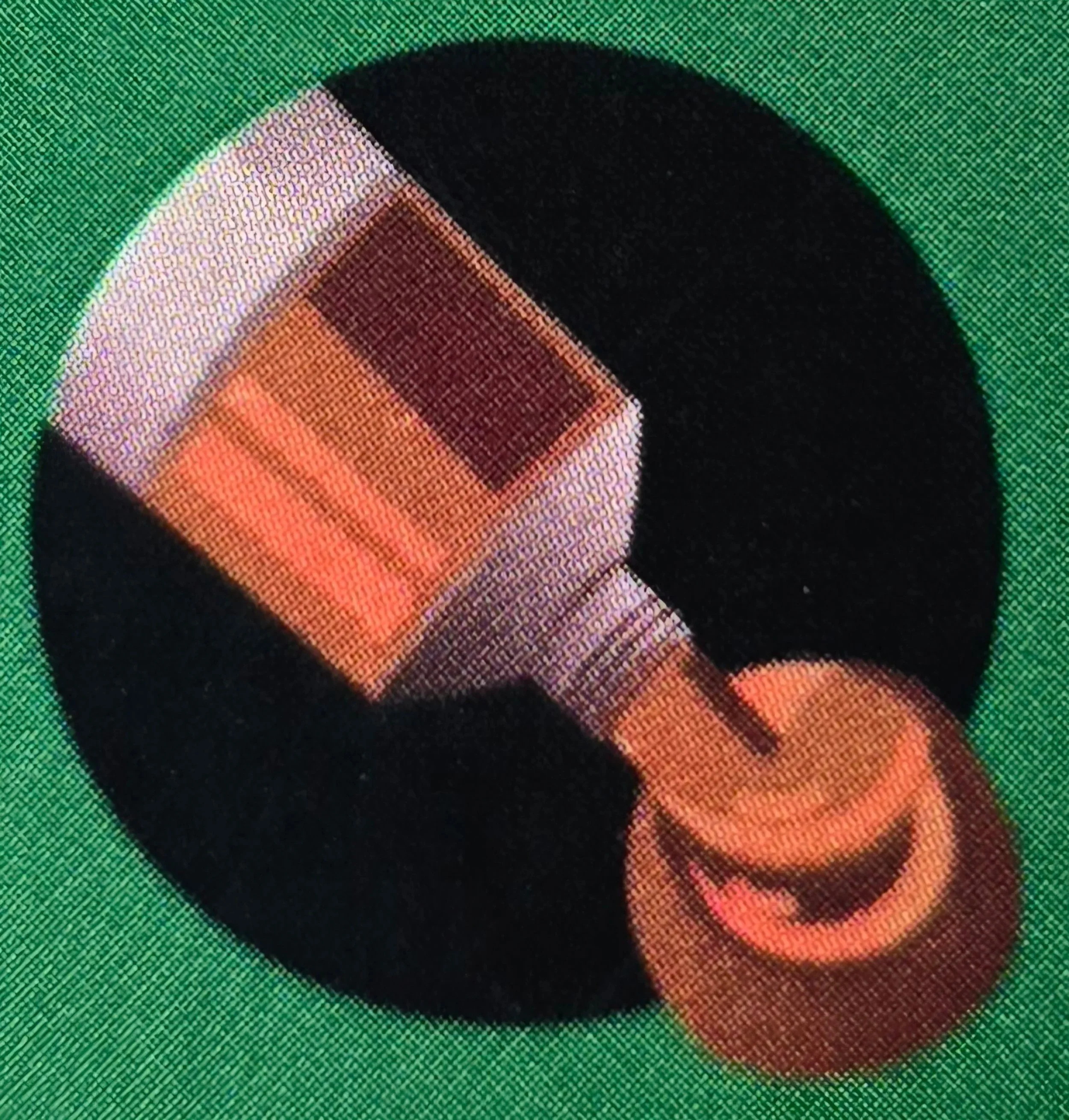 Close-up of a round button with a black background and a lightning bolt icon, on a green surface.