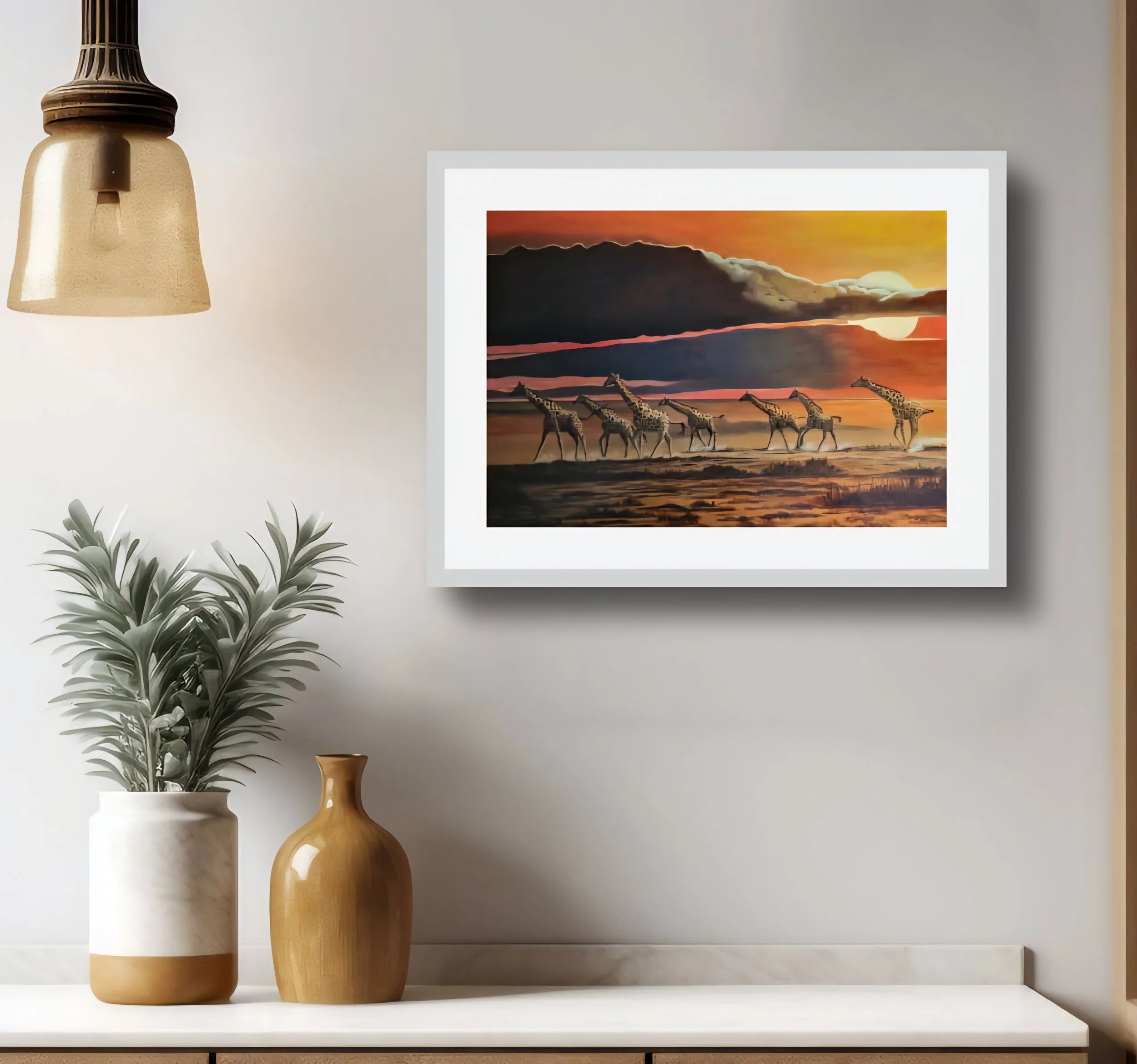 Painting of giraffes walking across a savannah at sunset with orange and dark clouds in the sky.