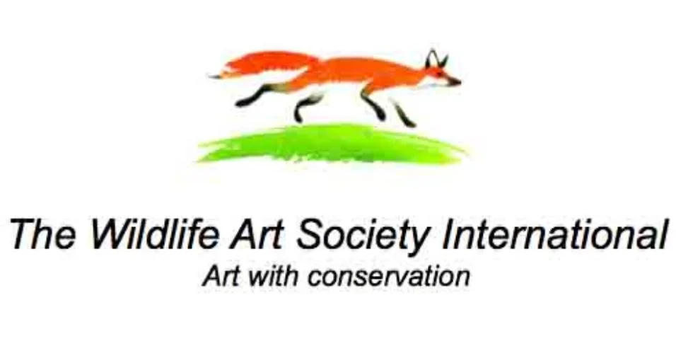 Logo of Wildlife Art Society International featuring an orange fox with black-tipped ears and paws, walking on green grass, with the text "The Wildlife Art Society International" and the slogan "Art with conservation".