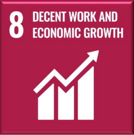 Symbool van groei en vooruitgang met stijgende grafiek en de tekst '8 Decent work and economic growth'.