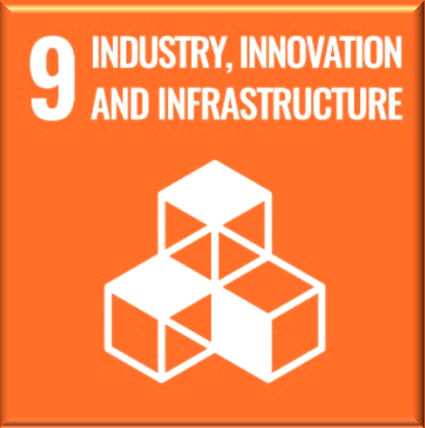 Afbeelding van de Duurzaamheidsdoelstelling 9 van de Verenigde Naties, die zich richt op industrie, innovatie en infrastructuur, met een geometrisch beeld van gestapelde blokken.