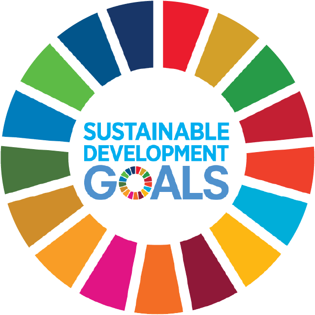 Logo van de Duurzame Ontwikkelingsdoelen, met de tekst 'Sustainable Development Goals' in het midden en een cirkel met kleurrijke segmenten rondom.