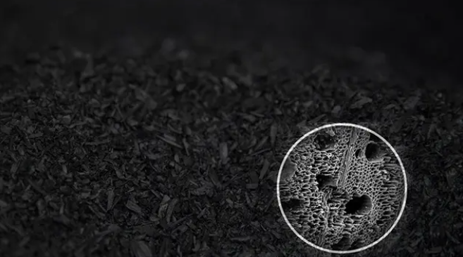 Close-up van houtskool met een diagram van een paddenstoel, onder een vergrootglas.