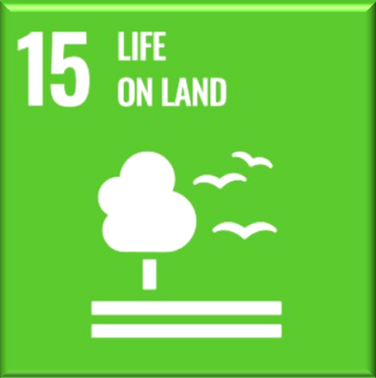 Duurzaamheidslabel met nummer 15 en de tekst 'Life on Land', met een witte boom en vogels op een groene achtergrond.