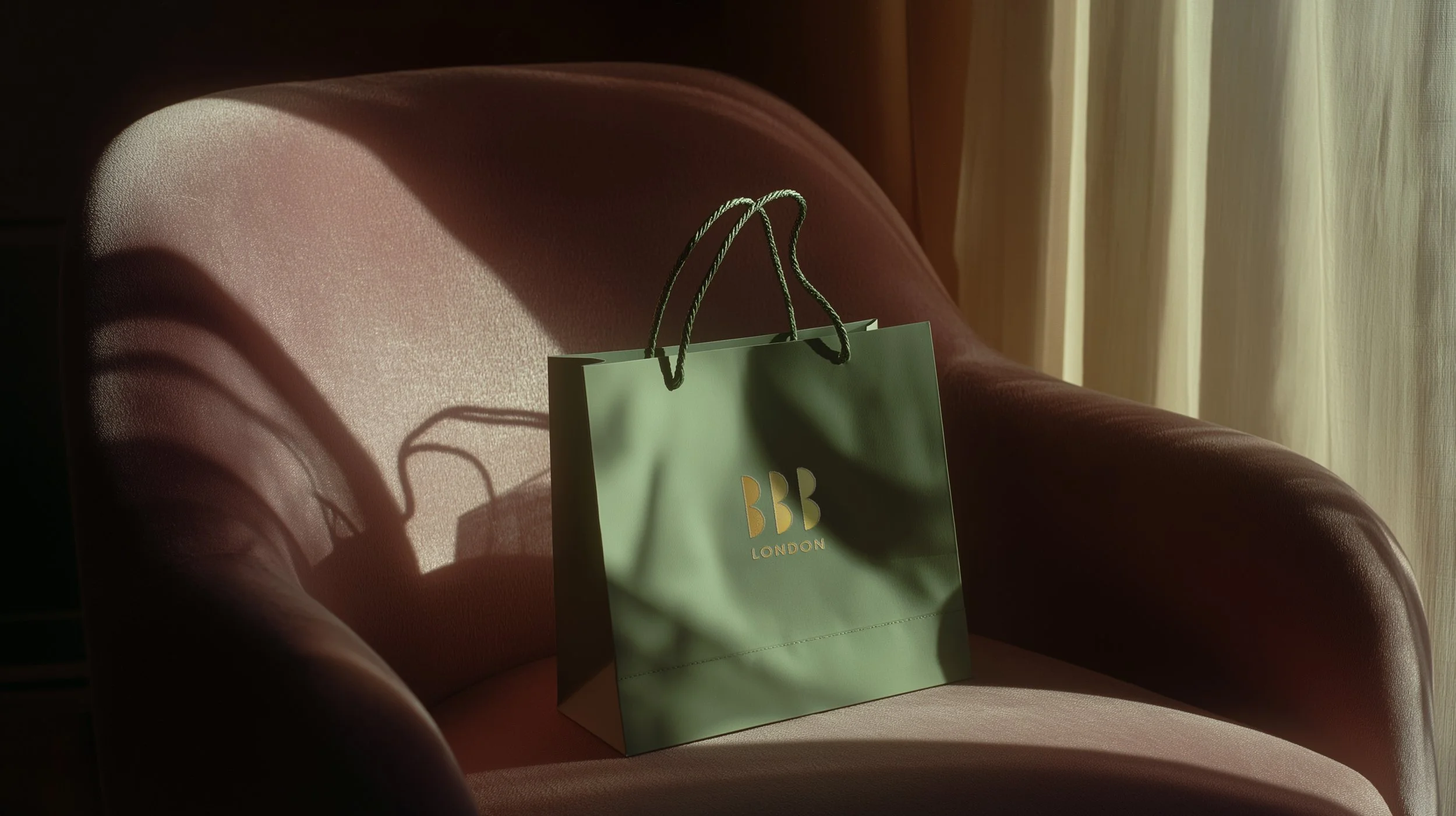 Retail bag placed on velvet chair in natural light