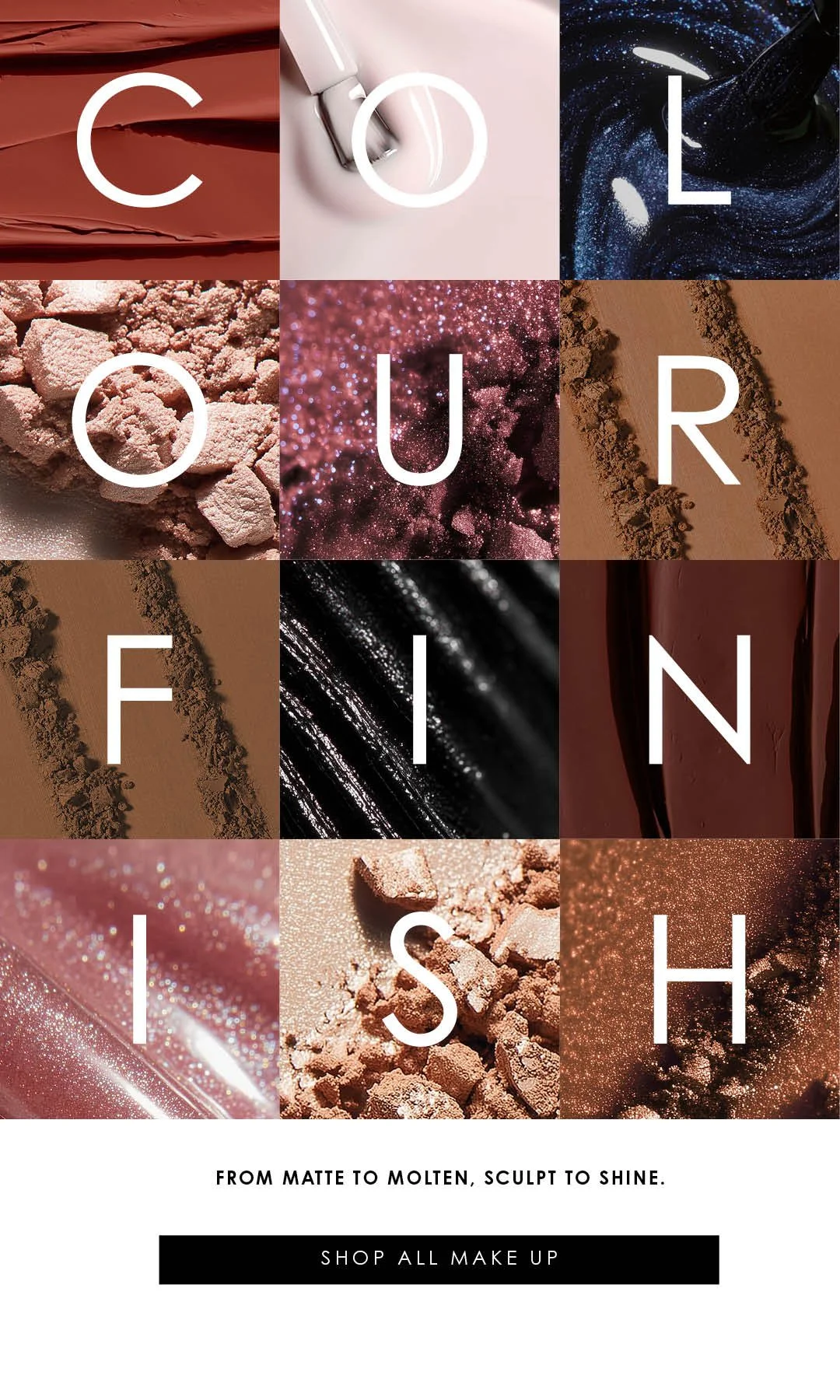 Colour cosmetics campaign visuals exploring texture pigment and finish
