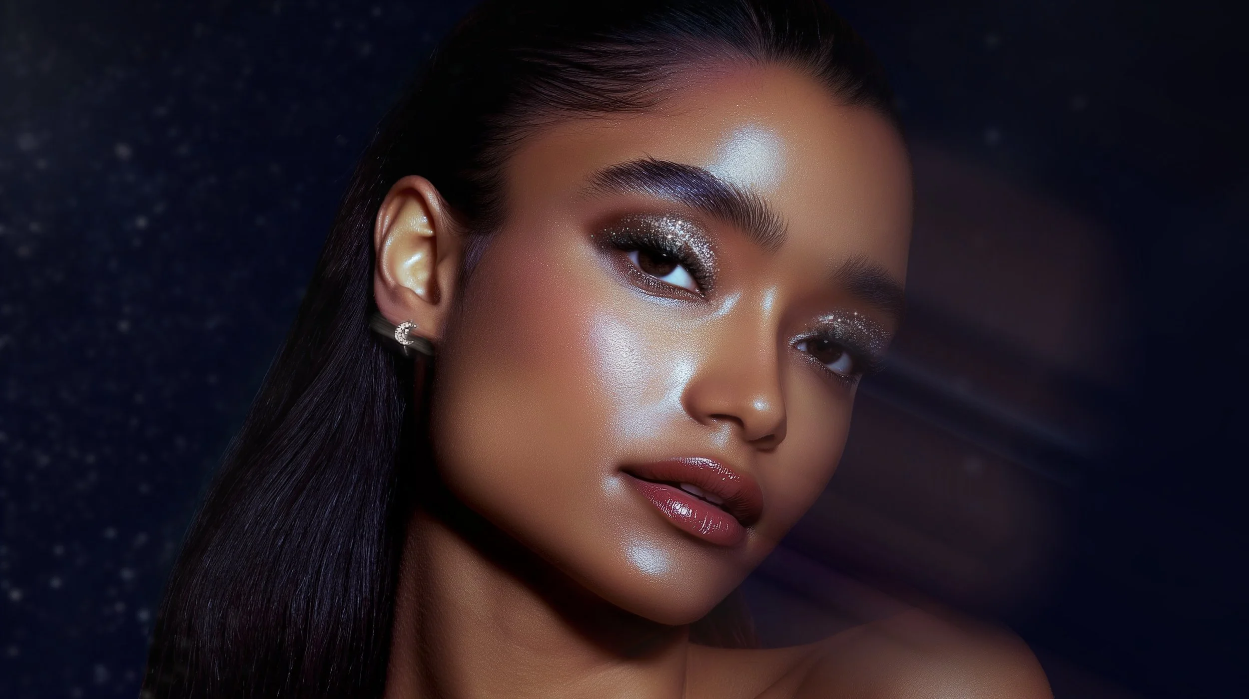 Close-up of a woman with glossy lips and glittery eye makeup, wearing earrings, against a dark starry background.