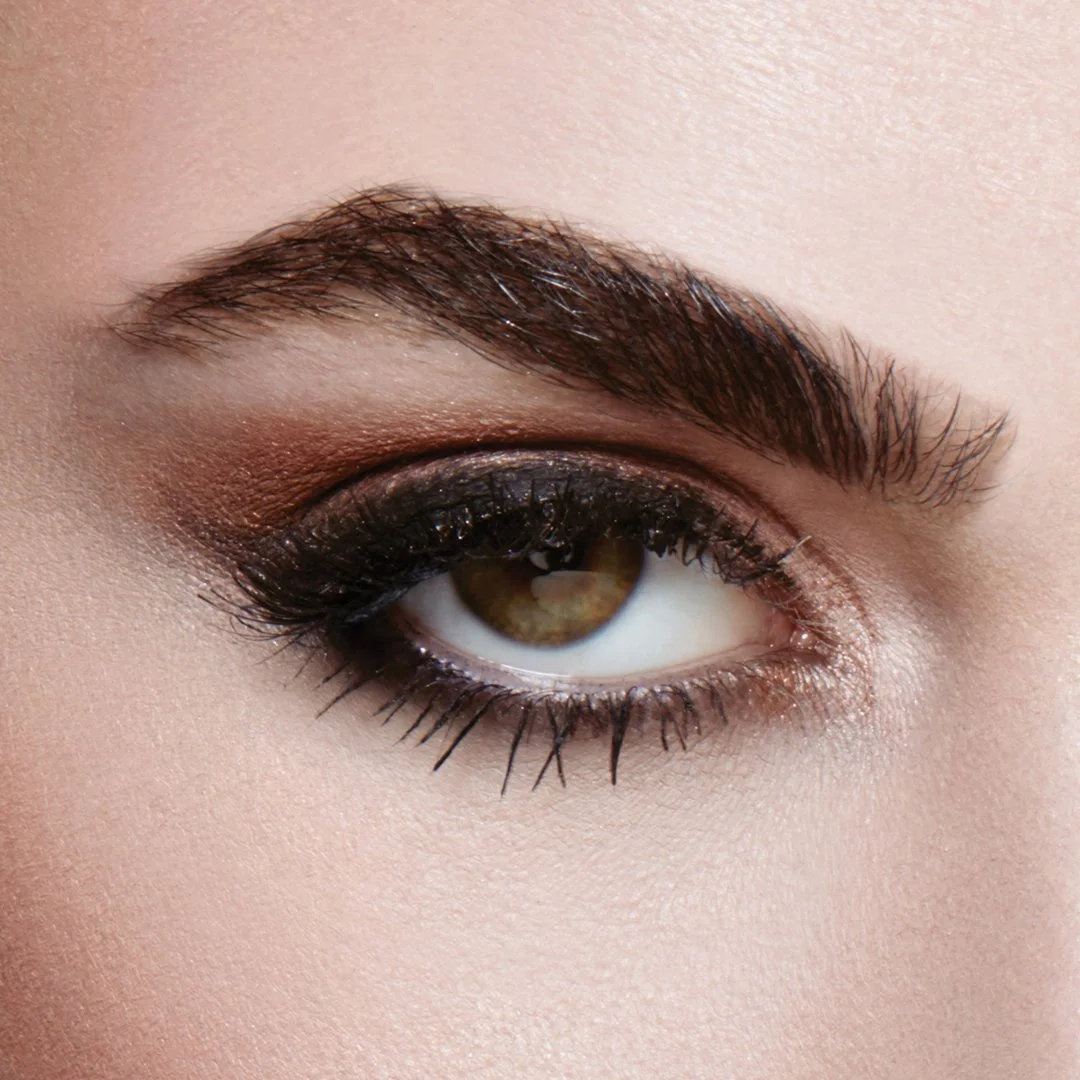 Close-up of a person's eye with brown iris, dramatic eye makeup, dark eyeliner, and well-defined eyebrow.