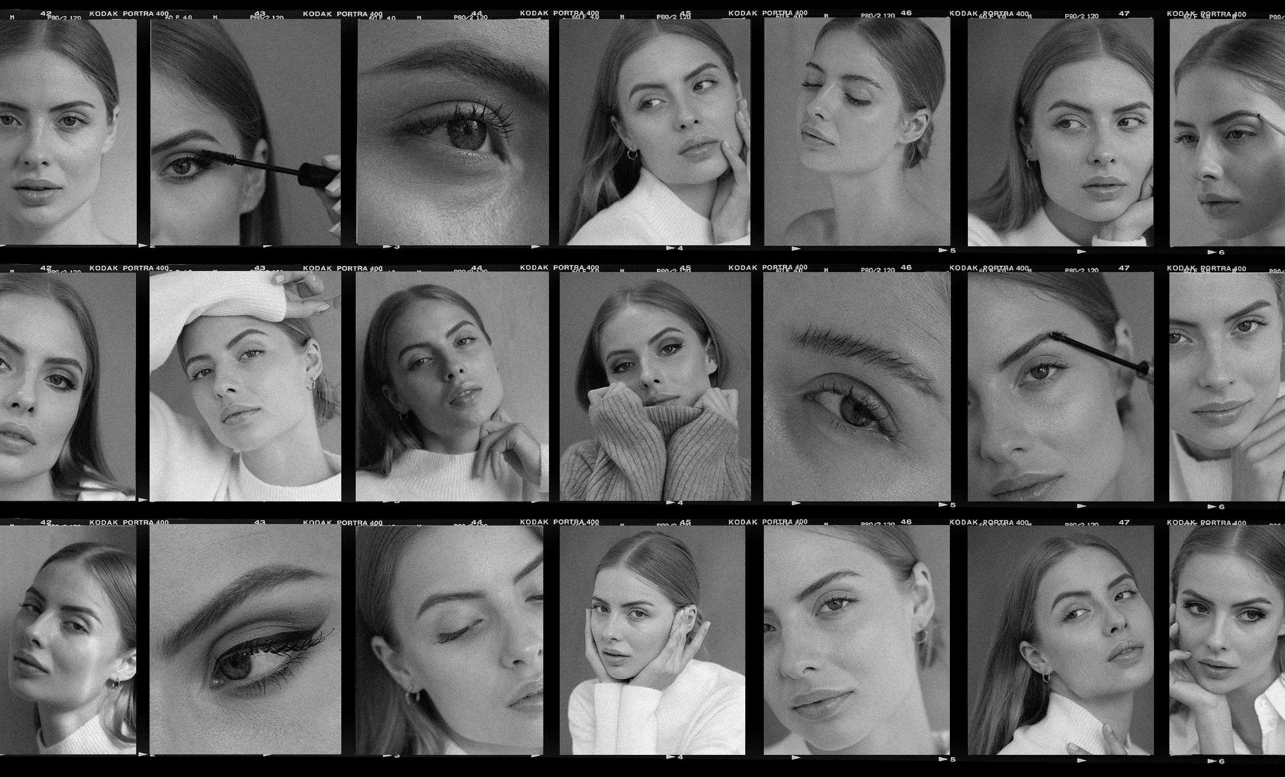 Black-and-white contact sheet of multiple photos showing a woman with various expressions, poses, and makeup, including close-ups of her eye and face, with some images featuring makeup application.