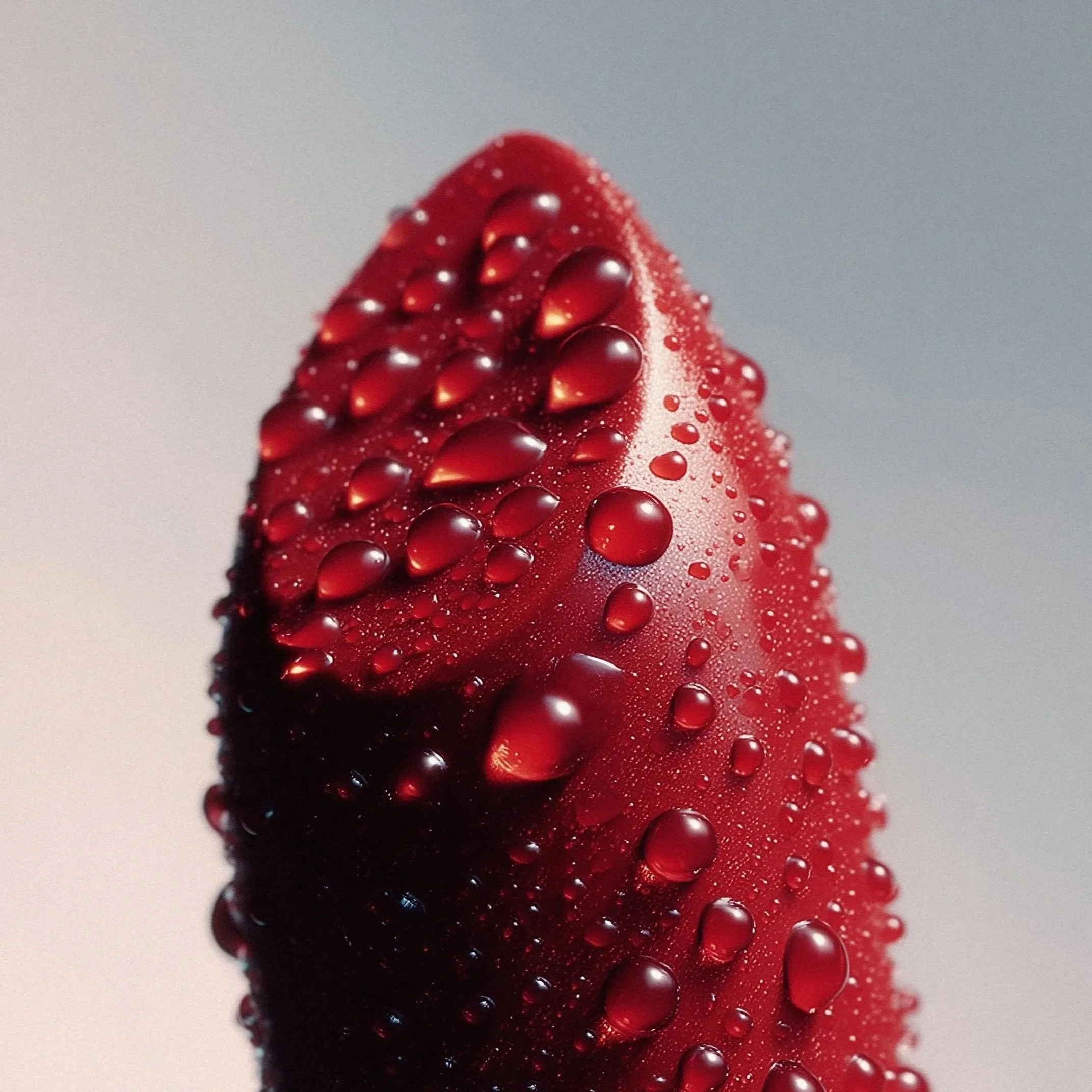 Close-up of a red strawberry covered in water droplets.