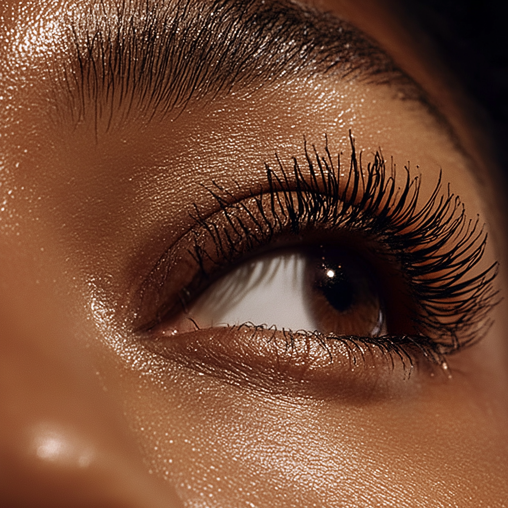 Close-up of a person’s eye with brown irises, long eyelashes, and makeup, showing detailed skin texture and eye lashes.