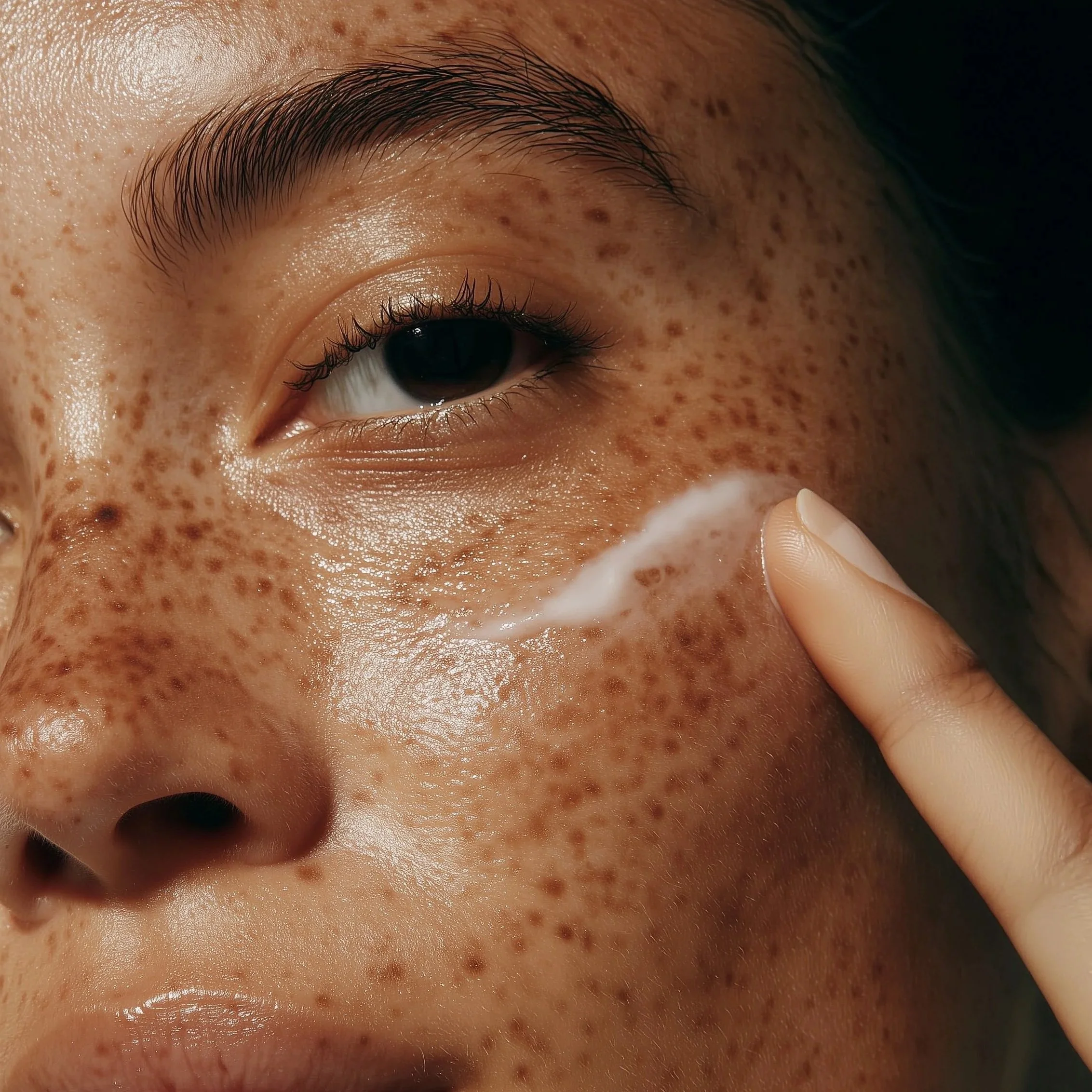 Close-up of a person's face focusing on the eye area, with visible freckles, eyebrows, and partially closed eyelid.