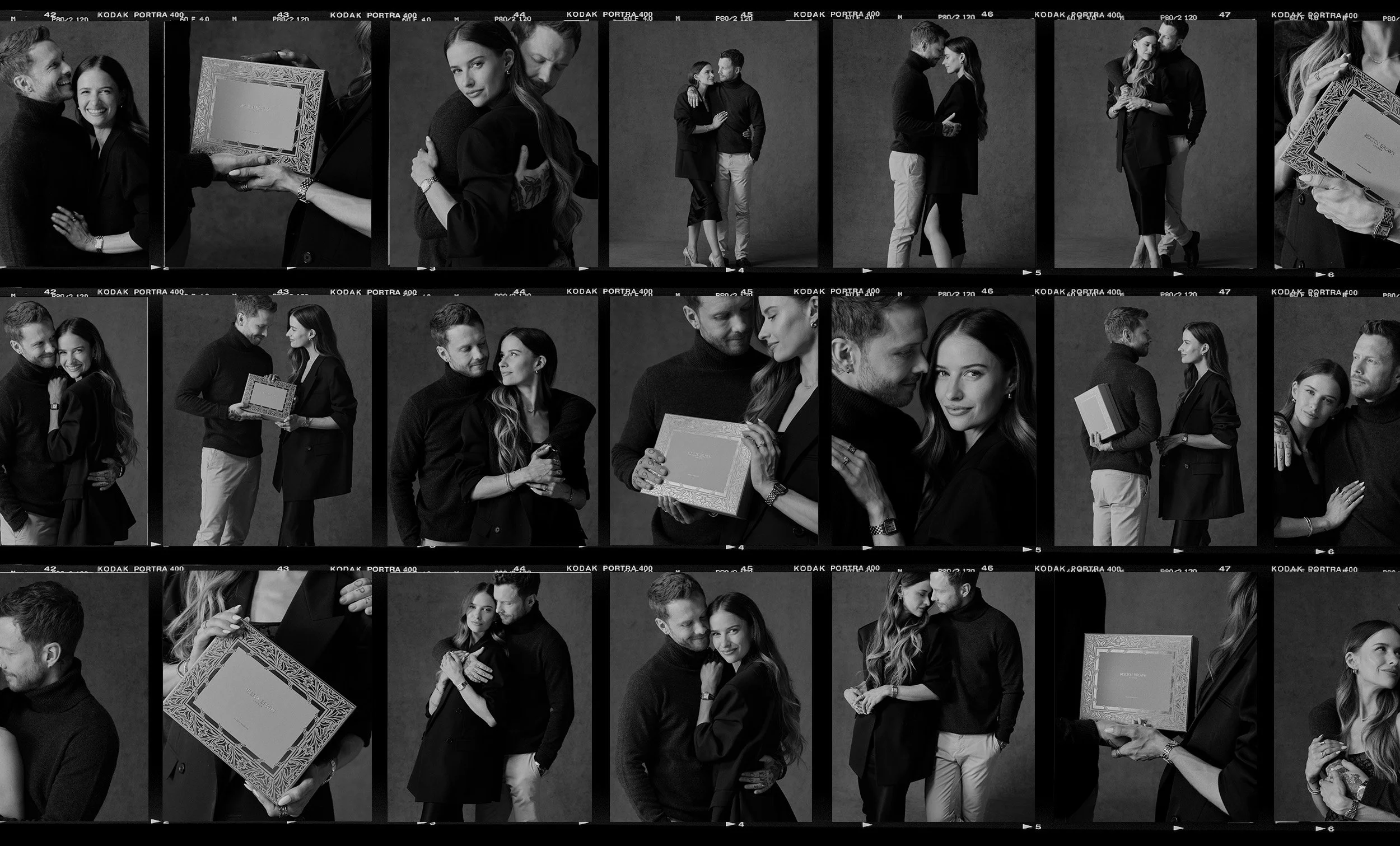 Behind-the-scenes contact sheet grid from Molton Brown Christmas gifting shoot, showing campaign moments and talent direction.