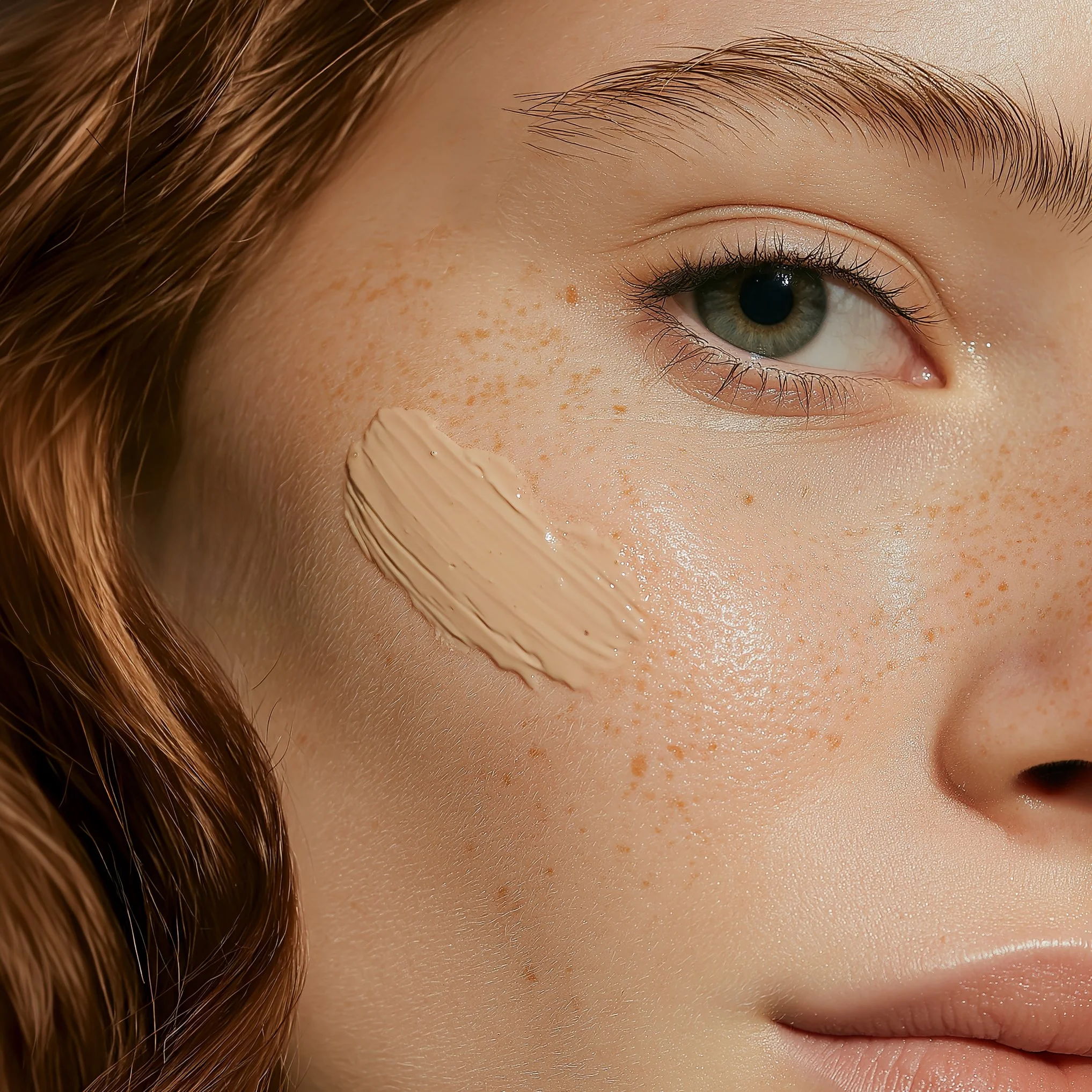Close-up of a person's face showing one eye, part of the forehead, and a hand touching the face, with light skin, freckles, and brown hair.