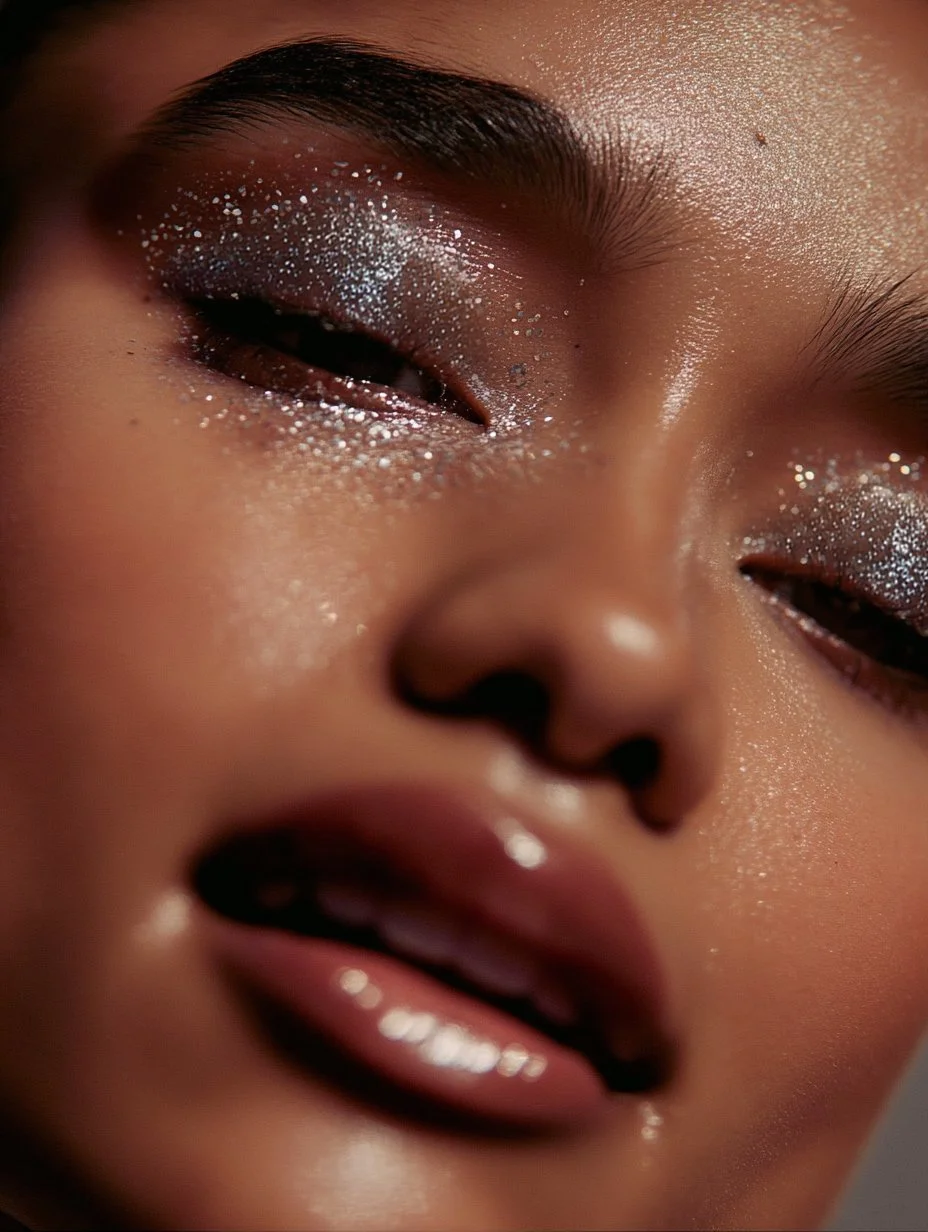 Model wearing shimmering silver eye makeup against a celestial-inspired background