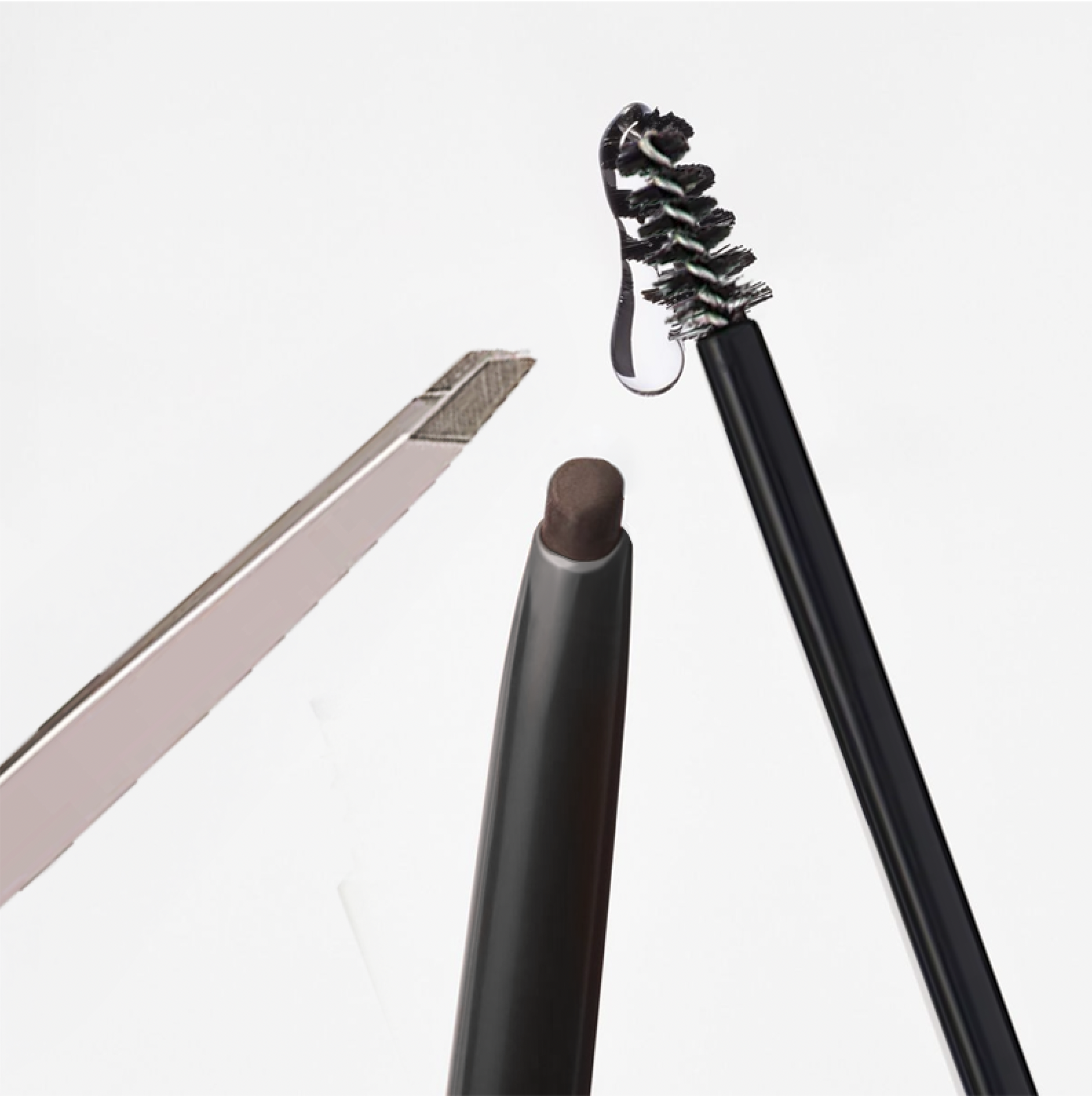 Eyebrow tweezer, eyebrow spoolie brush, and dark brown eyebrow pencil on a white background.