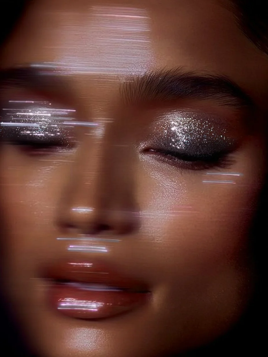 Close-up of a woman's face with glittery silver eyeshadow, glossy lips, and a motion blur effect.