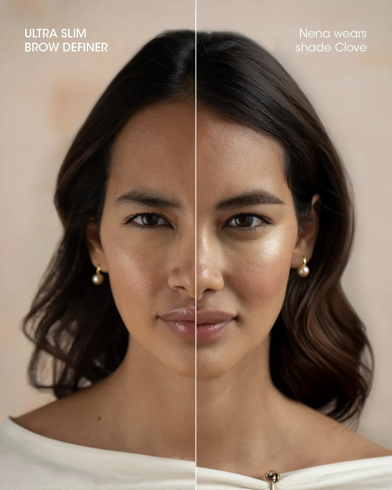 A split image of a woman's face showcasing the effects of Clear Brow Gloss. The left side appears less groomed with a natural look, while the right side has well-defined, glossy eyebrows, highlighting the product's impact.