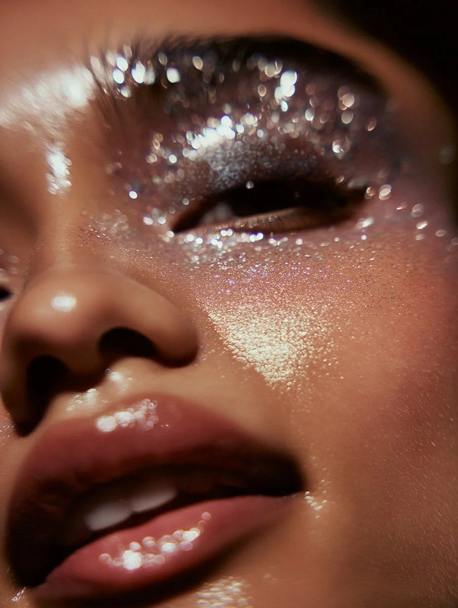Close-up of a person's face with glittery makeup, focusing on the eye, nose, and lips.
