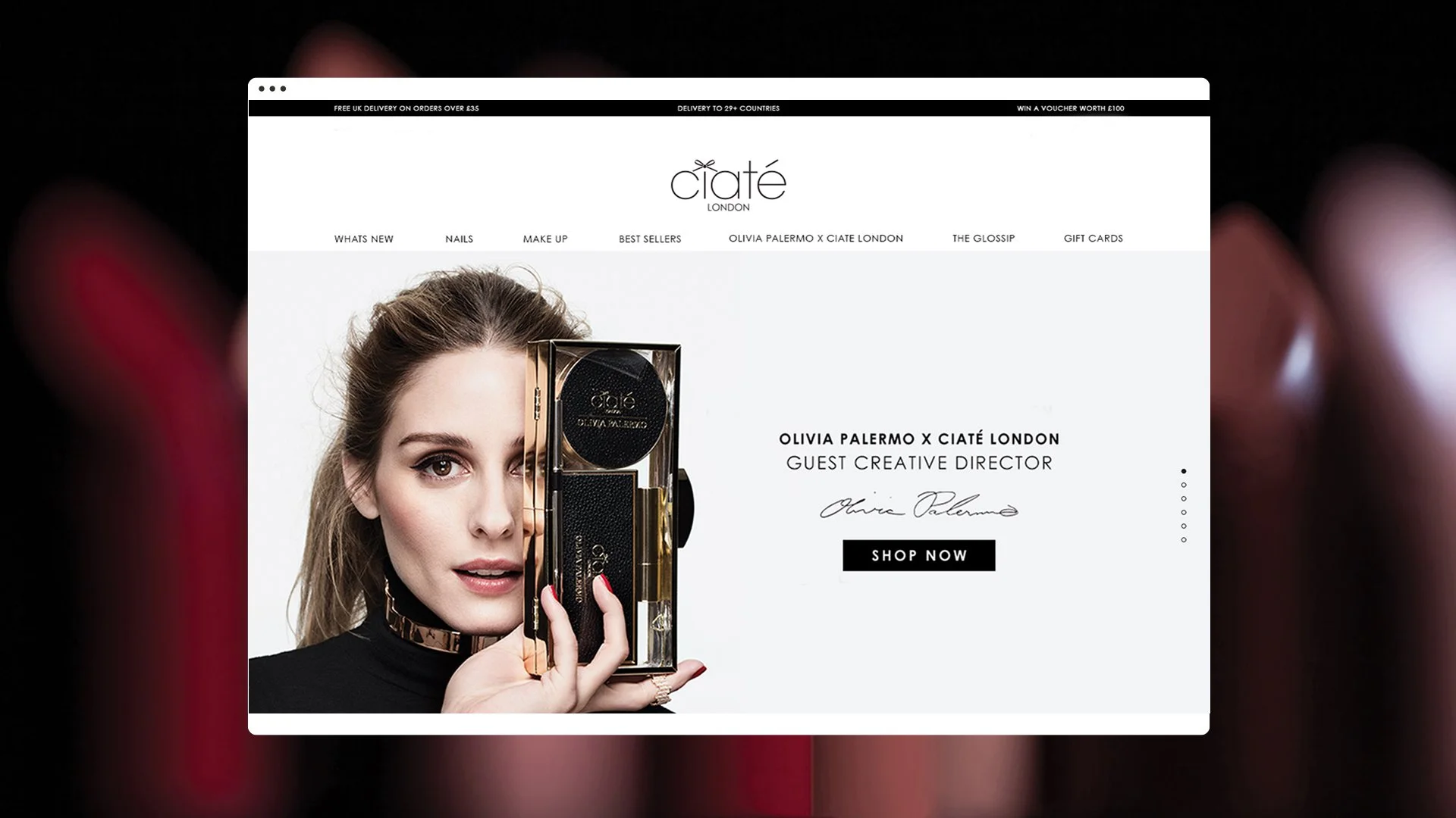 E-commerce homepage mockup featuring the Ciaté London x Olivia Palermo makeup collection.