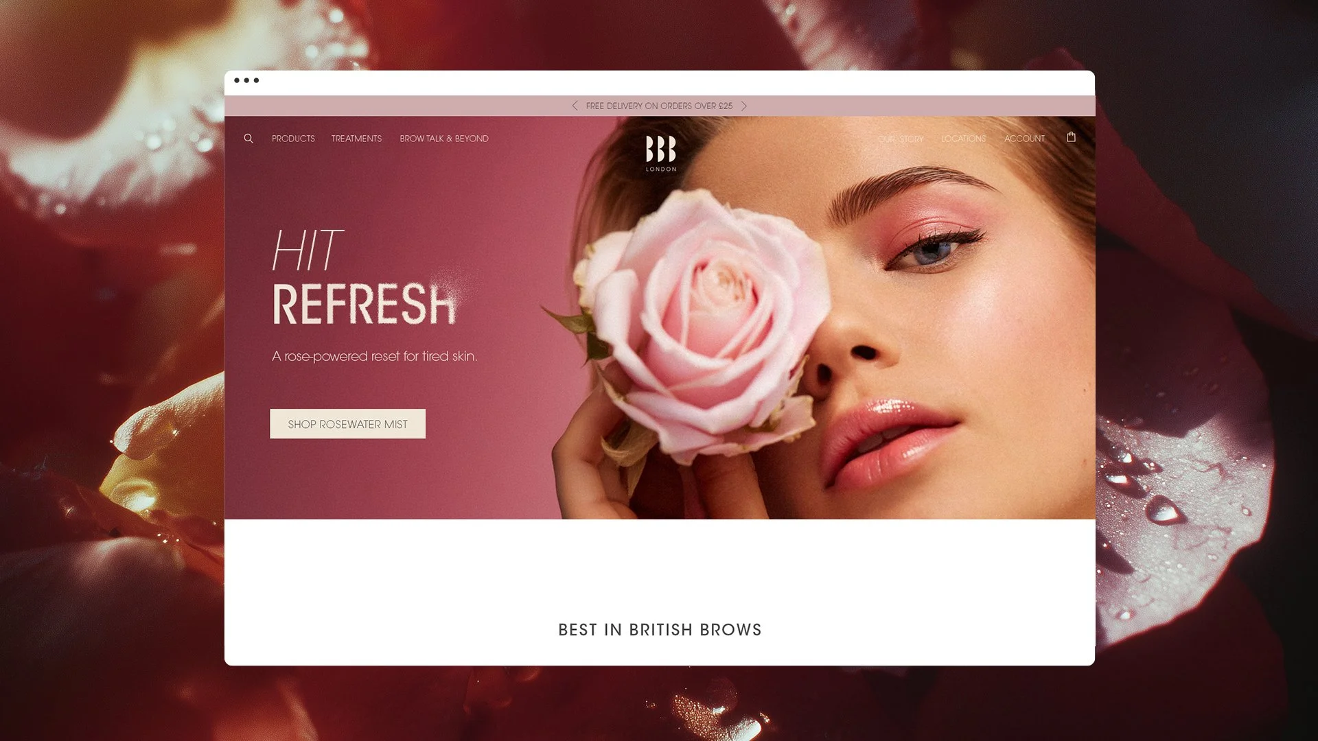 A woman holding a pink rose close to her face, with a pink background and a website overlay promoting skincare products.