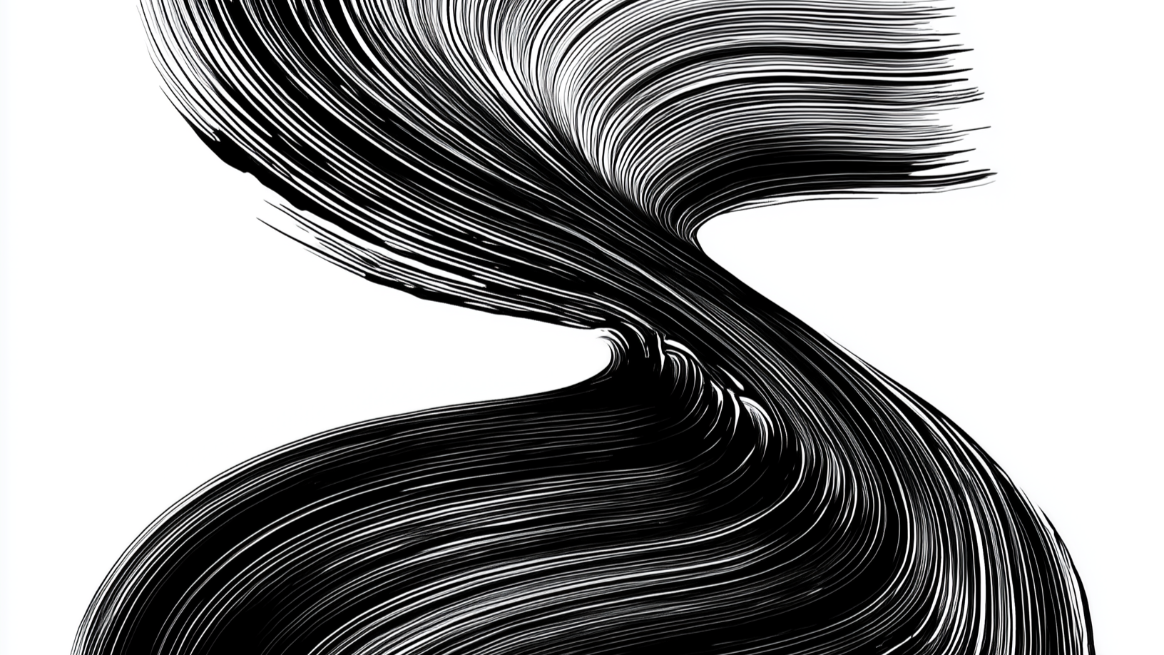 Abstract black mascara swatch  featuring flowing, curved lines creating a dynamic, swirling pattern