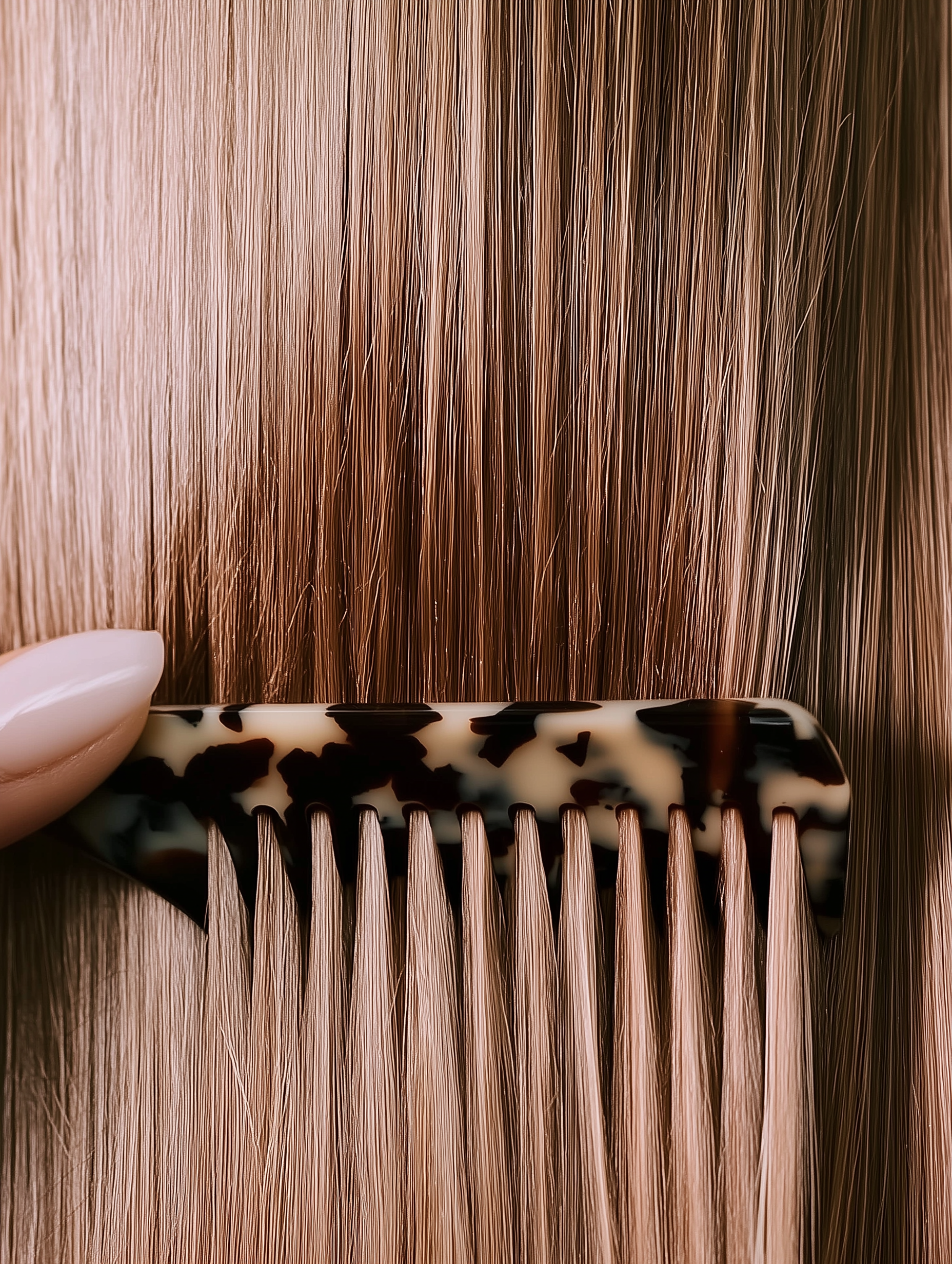 A close-up of a hairbrush with blonde hair and a hand holding it.
