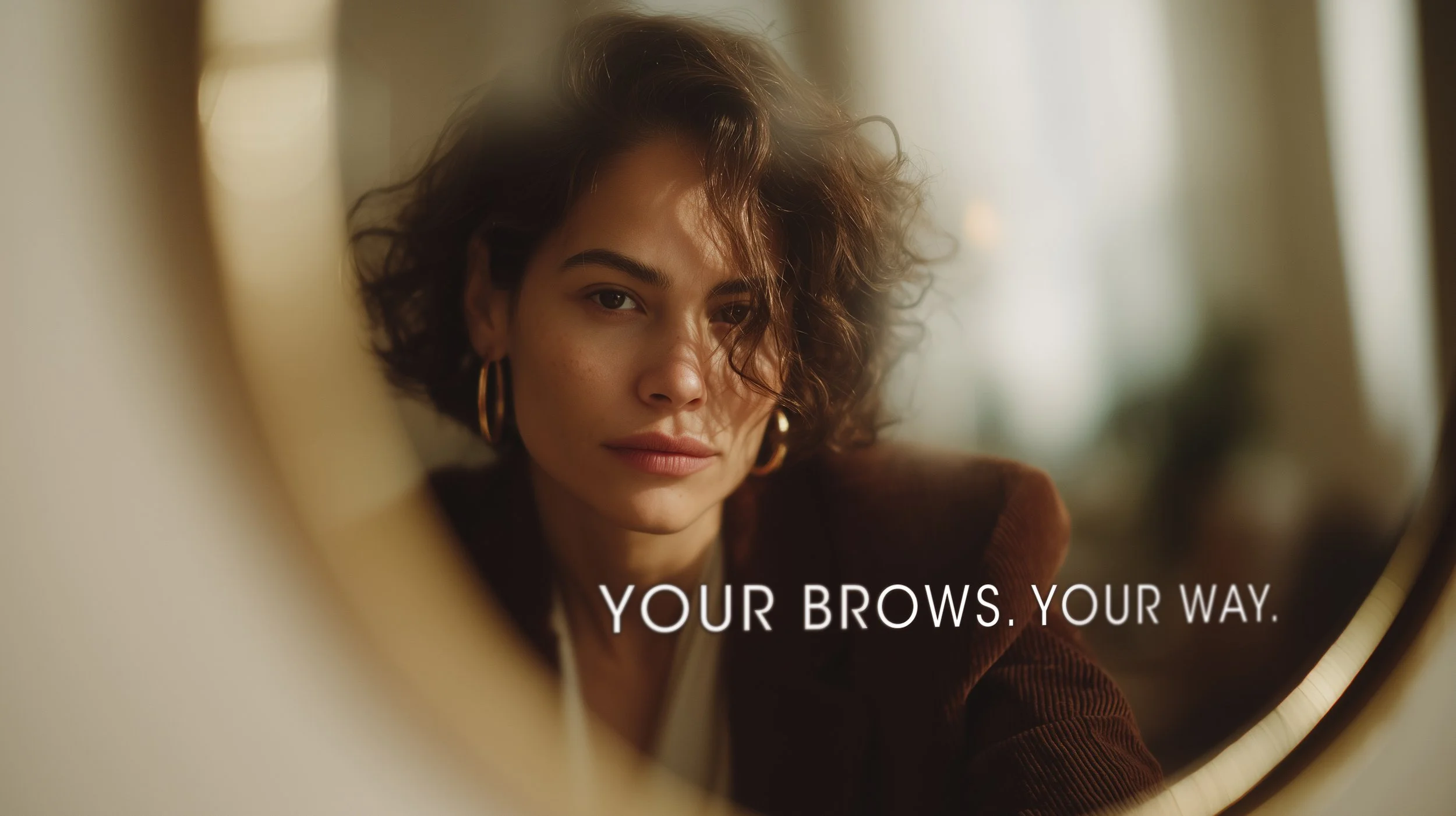 Woman reflected in mirror with soft lighting and natural brows