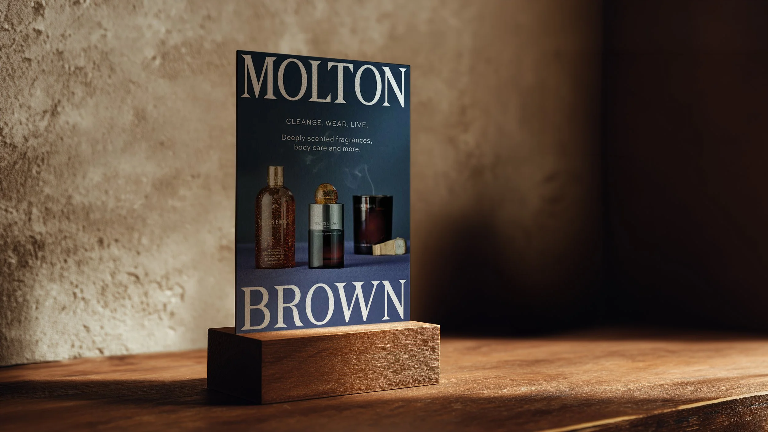 In-store poster featuring Molton Brown fragrance imagery displayed within retail environment.