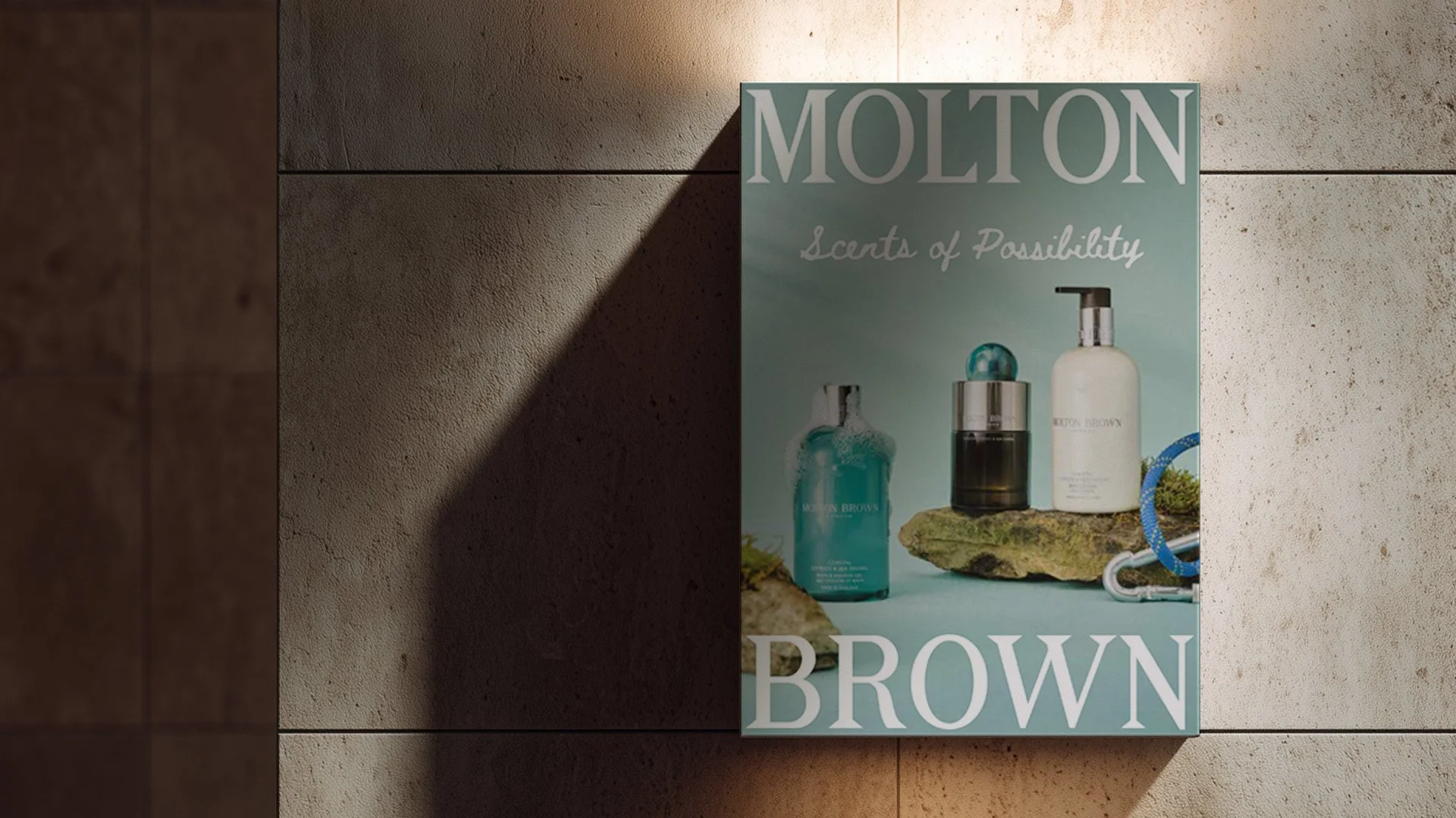 Poster advertising Molton Brown products with the slogan 'Scents of Possibility,' featuring three bottles of perfume or lotion on a rock with a mossy and rocky landscape background.