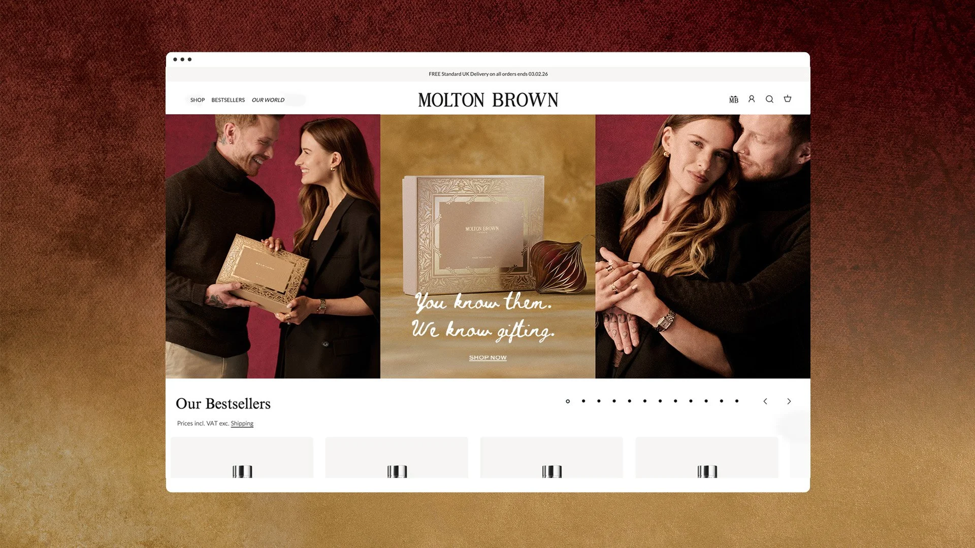 Molton Brown website homepage module featuring You Know Them, We Know Gifting Christmas campaign creative.
