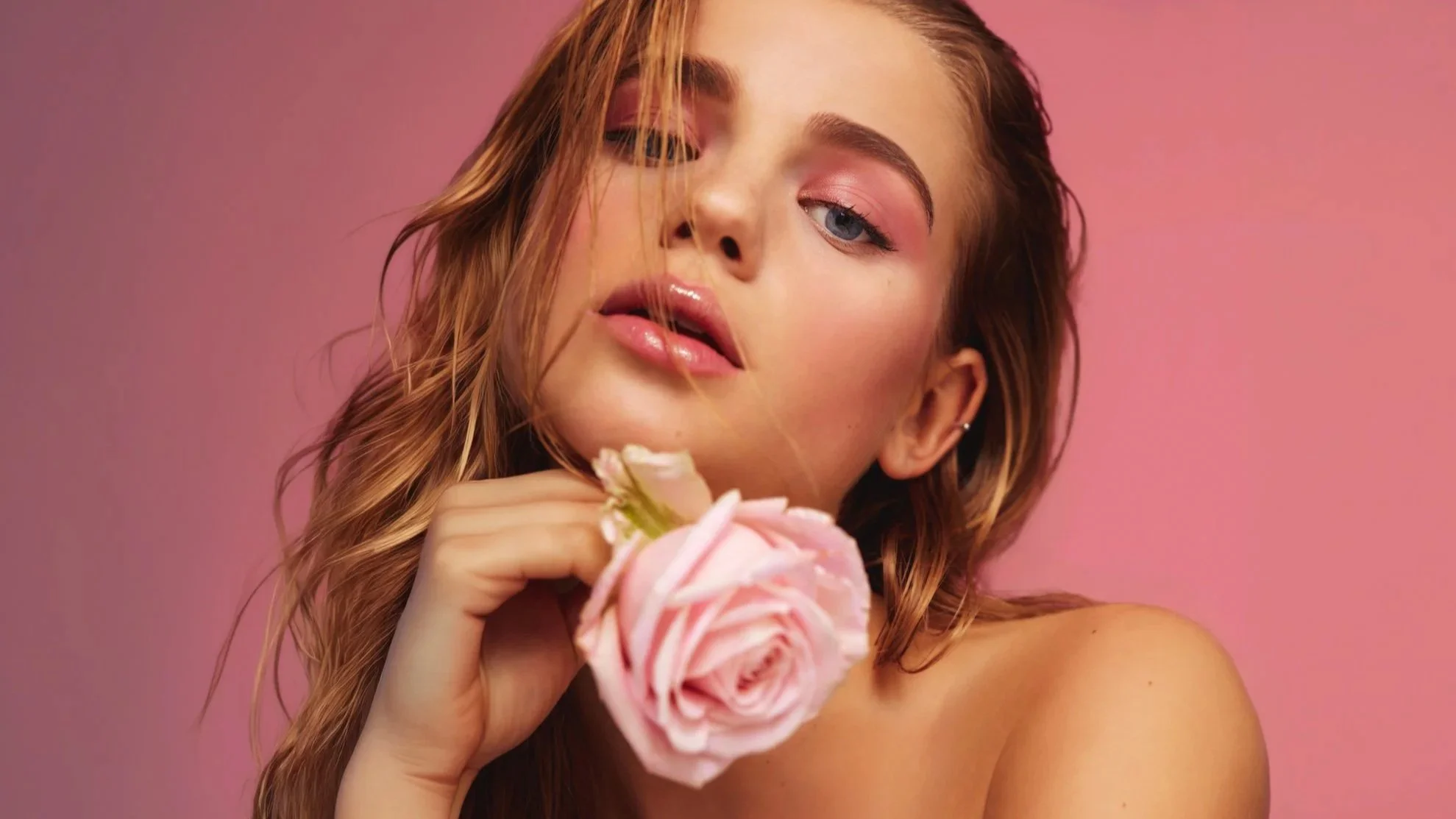 Beauty portrait with rose used in the Hit Refresh skincare campaign for Blink Brow Bar Rosewater Mist