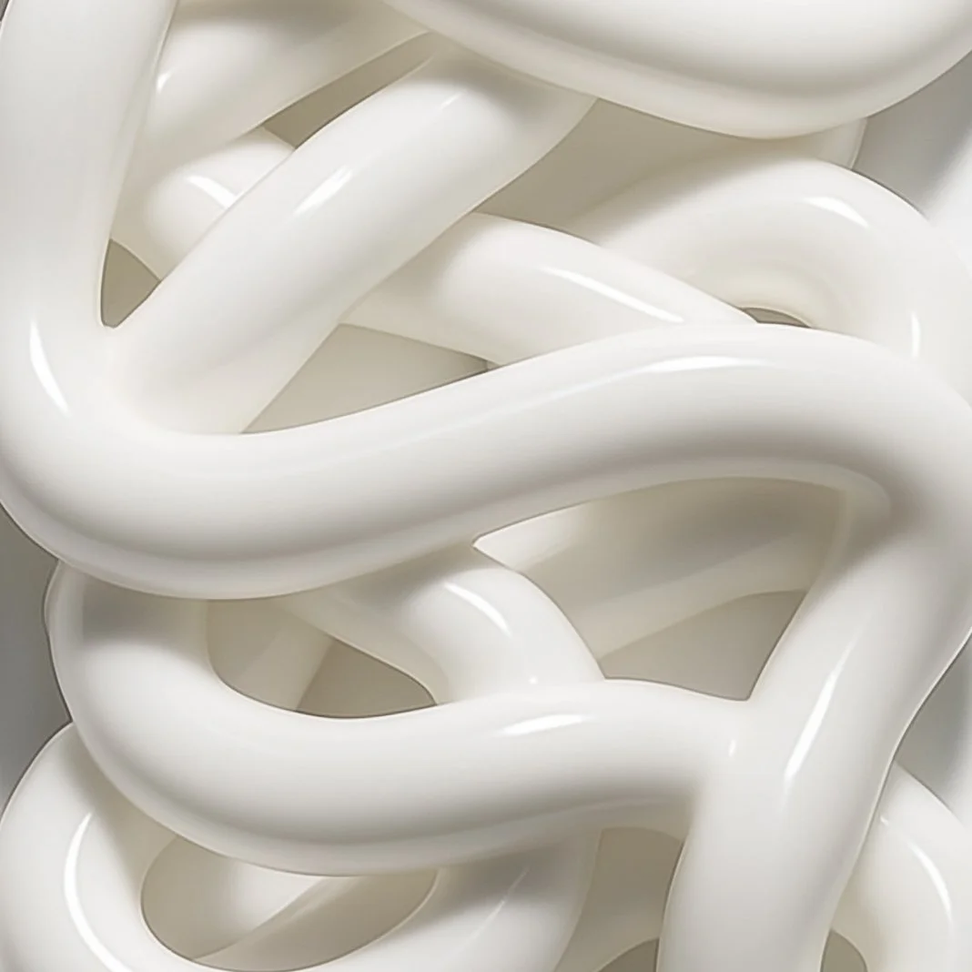 Close-up of tangled, glossy, white plastic or ceramic tubing or pipes.
