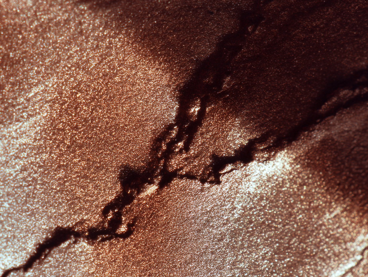 Close-up of metallic bronzer surface with a crack or line running through it.