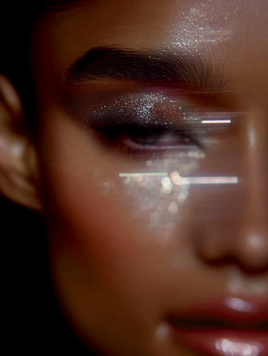 Model wearing shimmering silver eye makeup against a celestial-inspired background