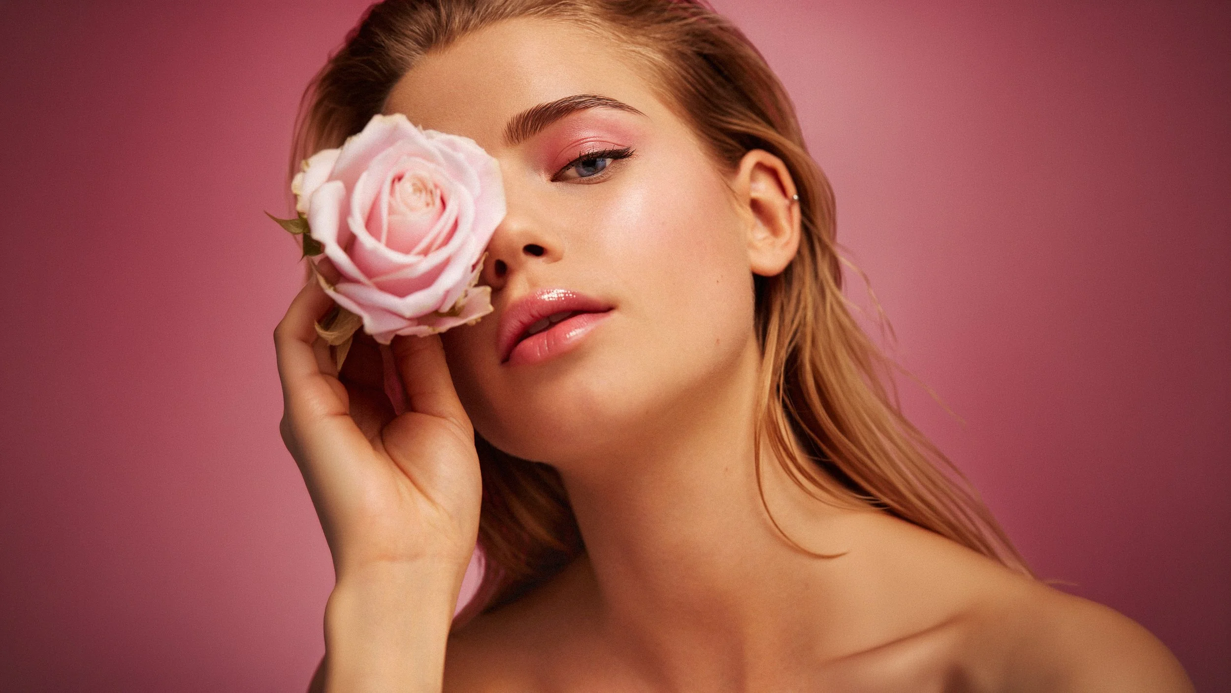 Beauty portrait with rose used in the Hit Refresh skincare campaign for Blink Brow Bar Rosewater Mist