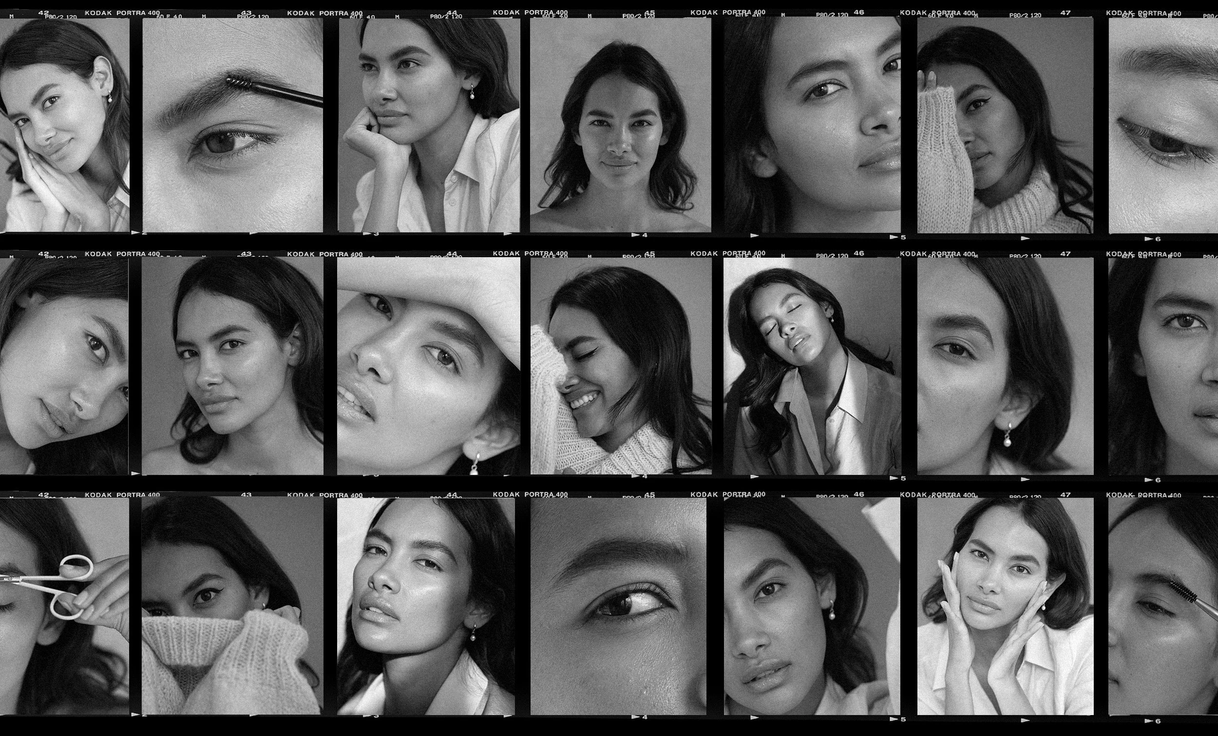 Collage of black and white portraits of women with various expressions and poses, including close-ups of faces, eyes, and stylistic shots, arranged in a grid format.