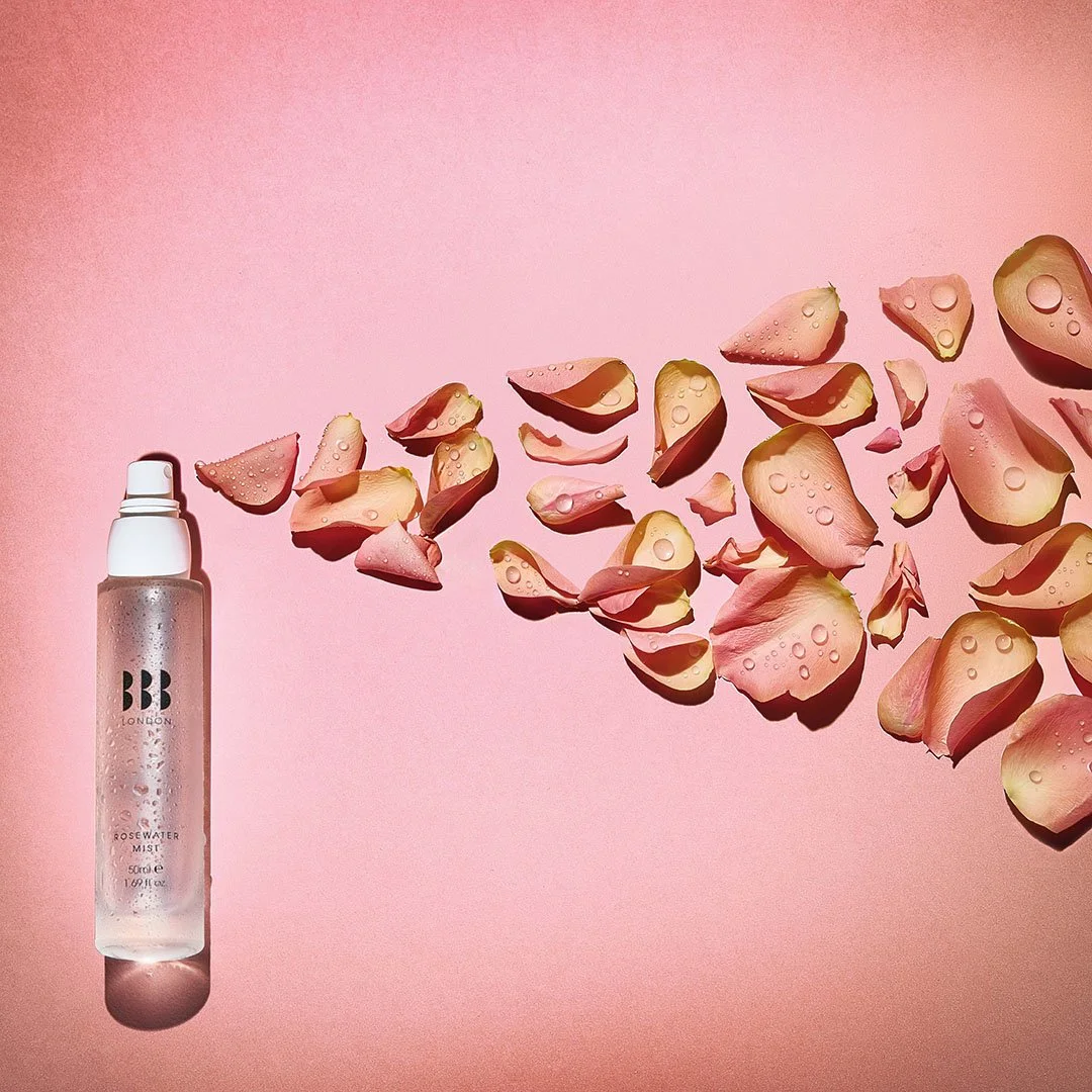 Rosewater Mist product still life photography with rose petals for Blink Brow Bar skincare campaign