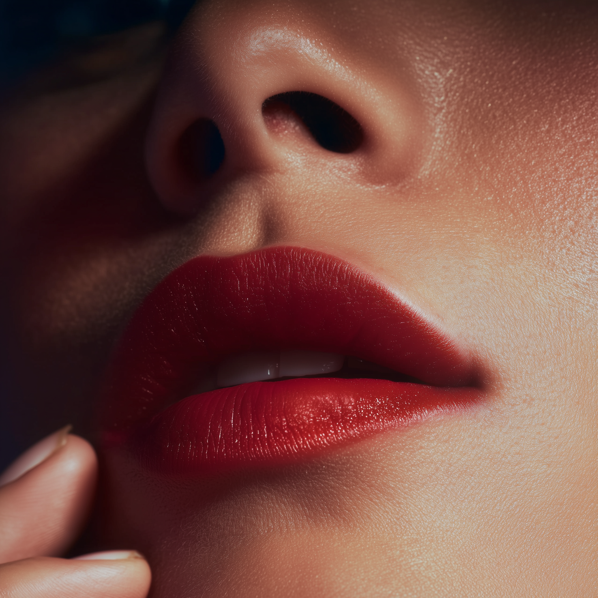 Close-up of a person's lips with red lipstick, and the nose and part of the cheek visible, with smooth skin and soft lighting.