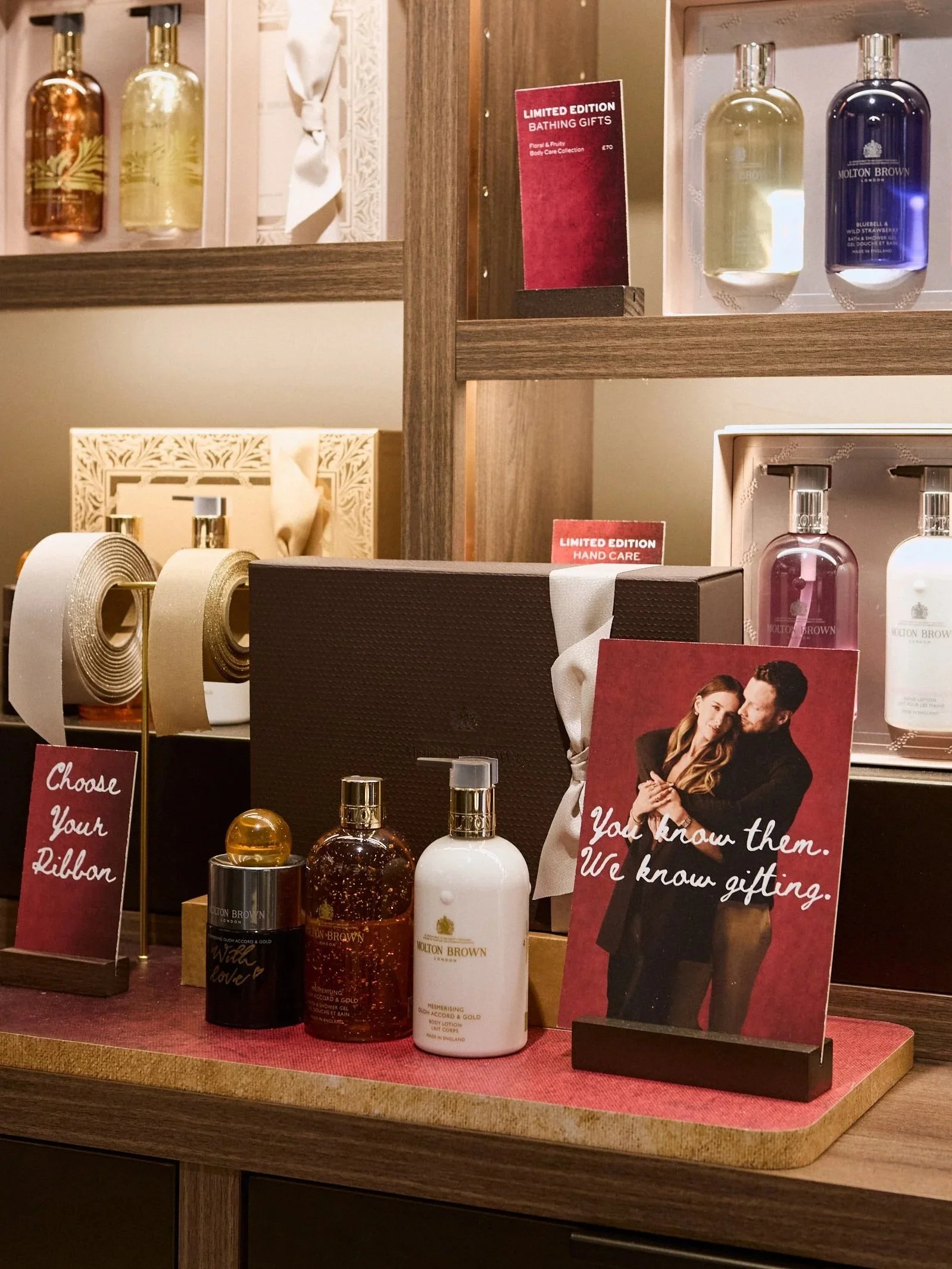 In-store merchandising display for Molton Brown You Know Them, We Know Gifting Christmas campaign.