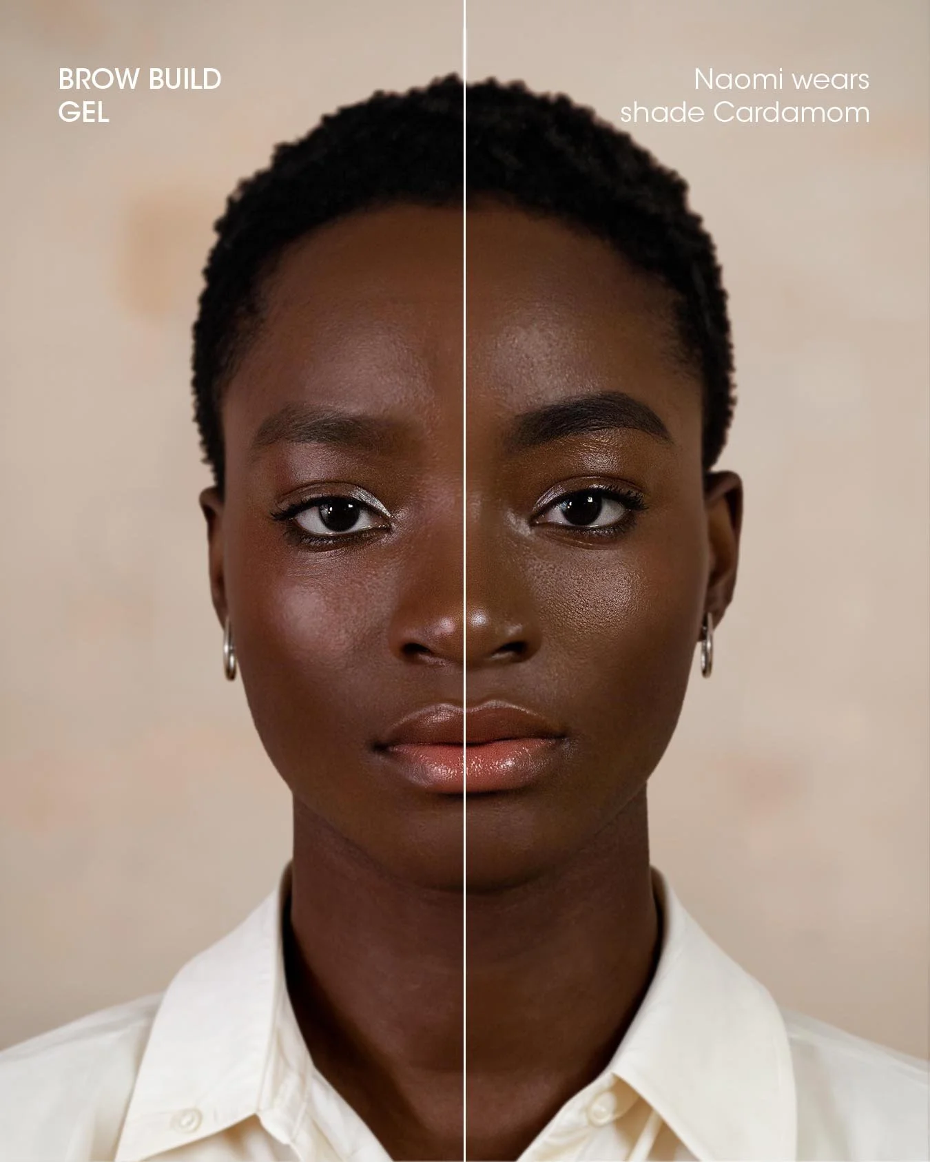 SpA split image of a woman's face showcasing the effects of Clear Brow Gloss. The left side appears less groomed with a natural look, while the right side has well-defined, glossy eyebrows, highlighting the product's impact.
