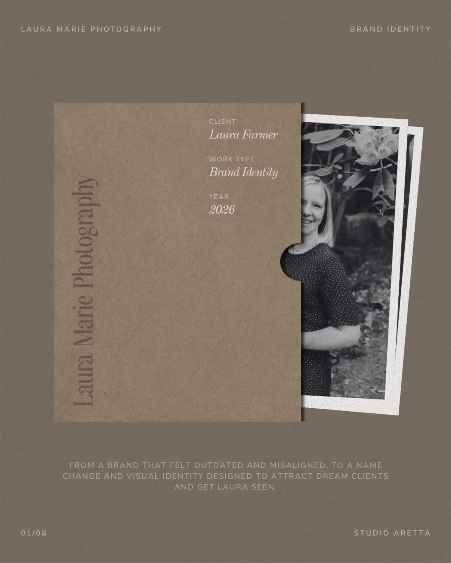A brown folder labeled Laura Marie Photography hints at elegant wedding photographer branding, with a black-and-white photo peeking out.