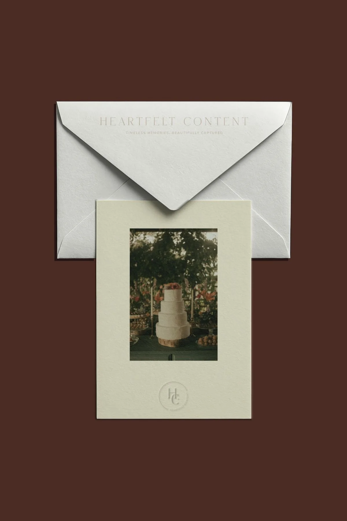 A cream envelope and brand card for Heartfelt Content displaying the HC monogram logo, with a small photograph of a wedding cake visible through a cut-out window in the card, part of a website for content creator project by Studio Aretta