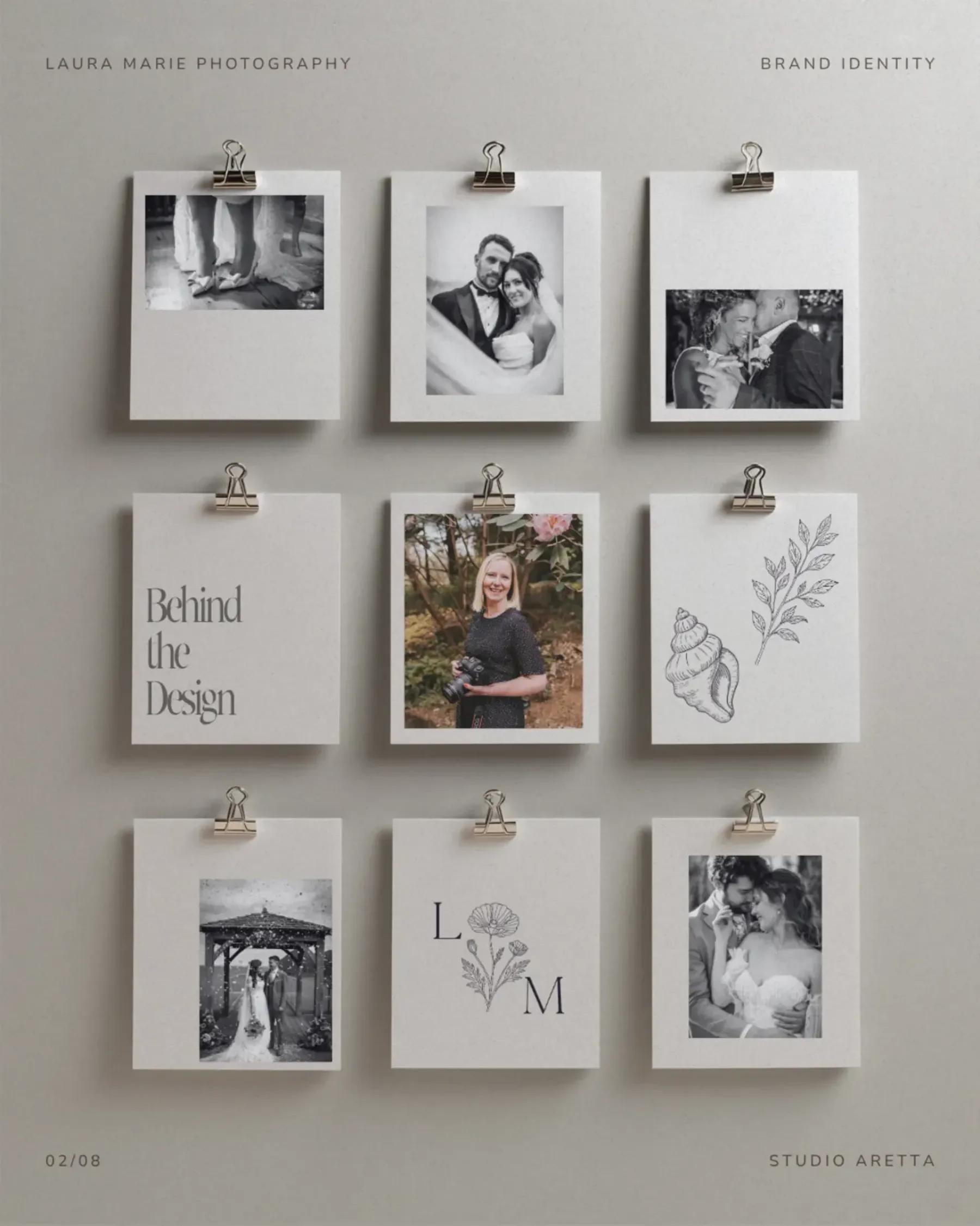 A 3x3 grid of clipped cards showcases wedding photographer branding with photos, floral and shell sketches, and Behind the Design.