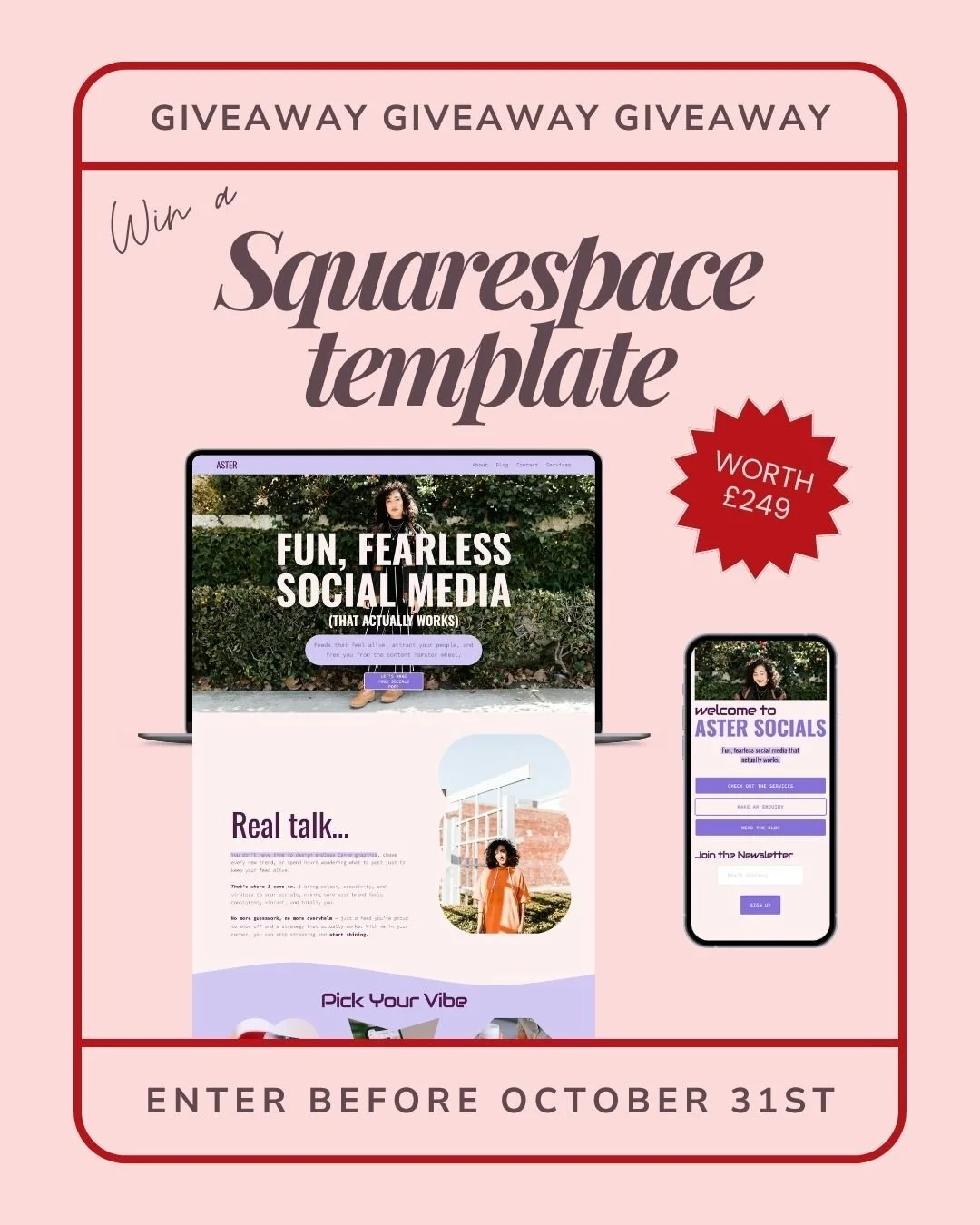 ✨ Aster Template Giveaway! ✨

To celebrate my love for helping brilliant women bloom online, I&rsquo;m giving one lucky winner a free copy of the Aster Squarespace Template - worth &pound;249.

Perfect if you&rsquo;re ready for a bold, strategic webs
