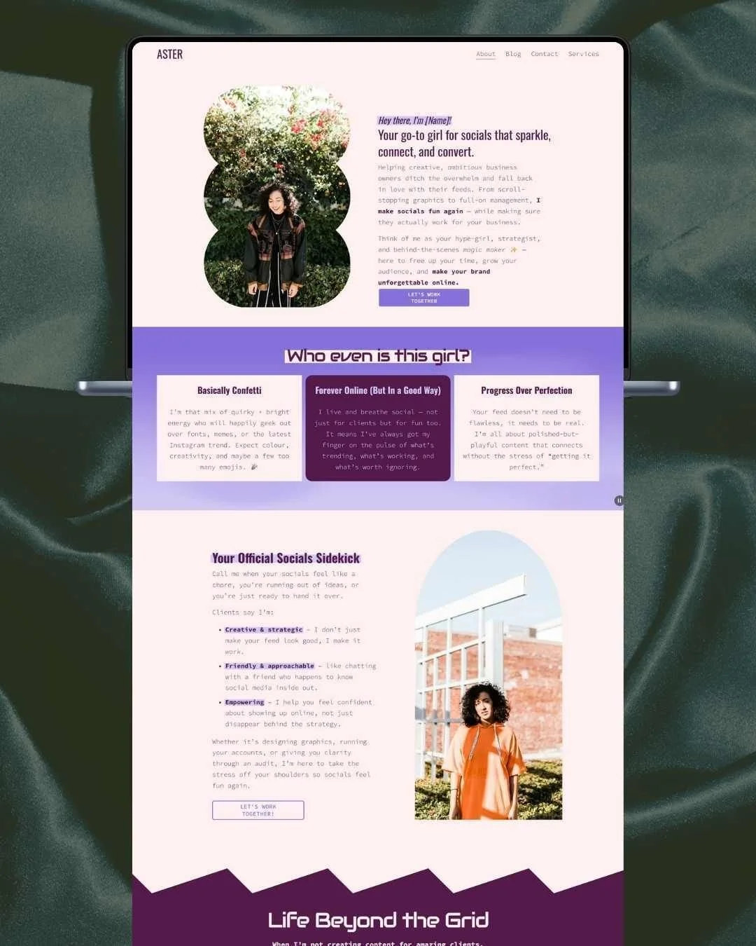 Say hello to Aster - my bright, bold, personality-packed template created for the creatives who want their website to feel as fun as their ideas.

She&rsquo;s quirky, colourful, and not afraid of a funky shape or two.
If sexy and strategy had a baby&