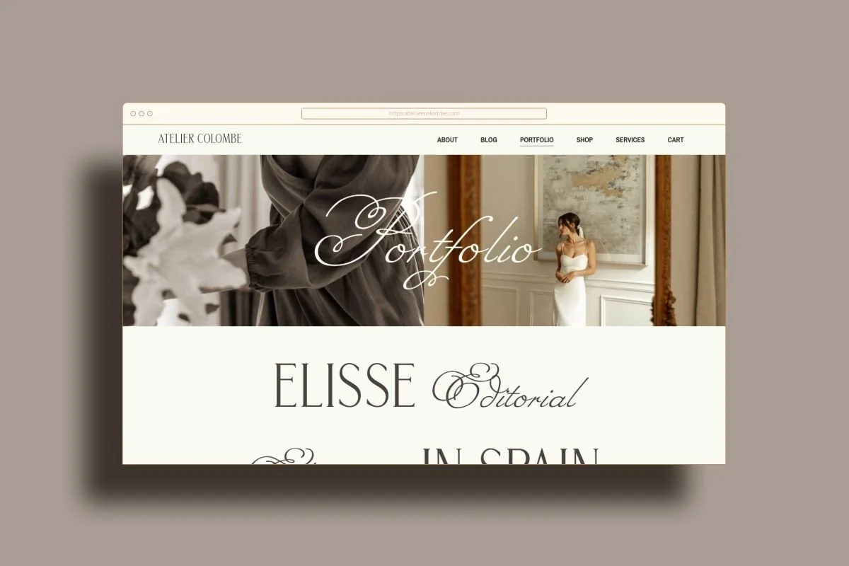 Atelier Colombe portfolio page on a wedding business website, showing an editorial layout with styled imagery and a destination wedding feature in Spain