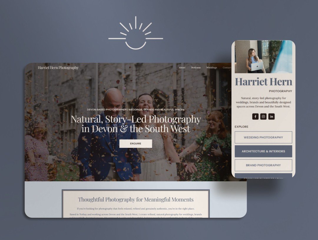 A photography website homepage for Harriet Hern, displaying a large hero image of a wedding celebration with people smiling and throwing confetti, and a sidebar with contact information, social media icons, and service categories like wedding photography, architecture & interiors, and brand photography.