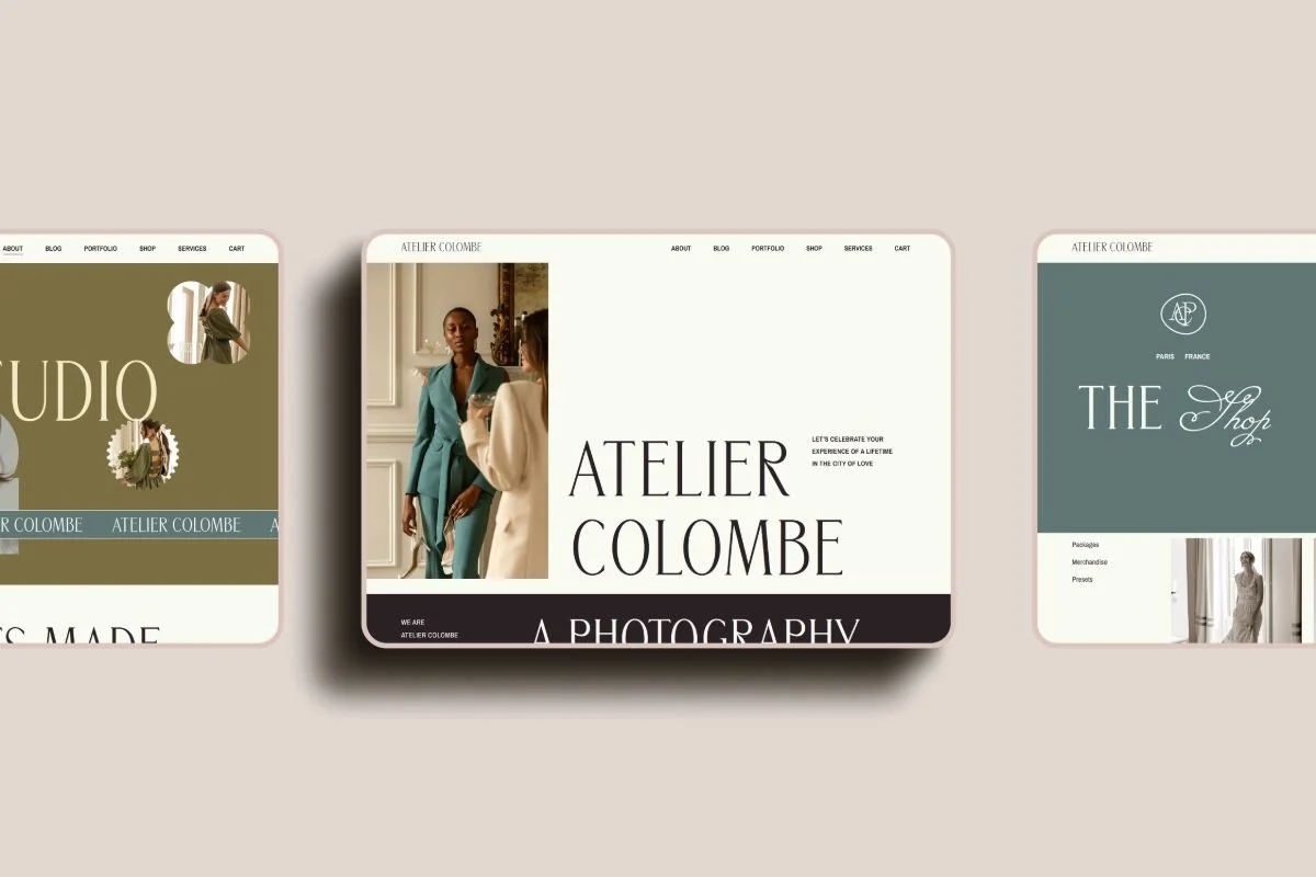 Screenshots of three different fashion or creative agency website homepages featuring models and elegant typography.